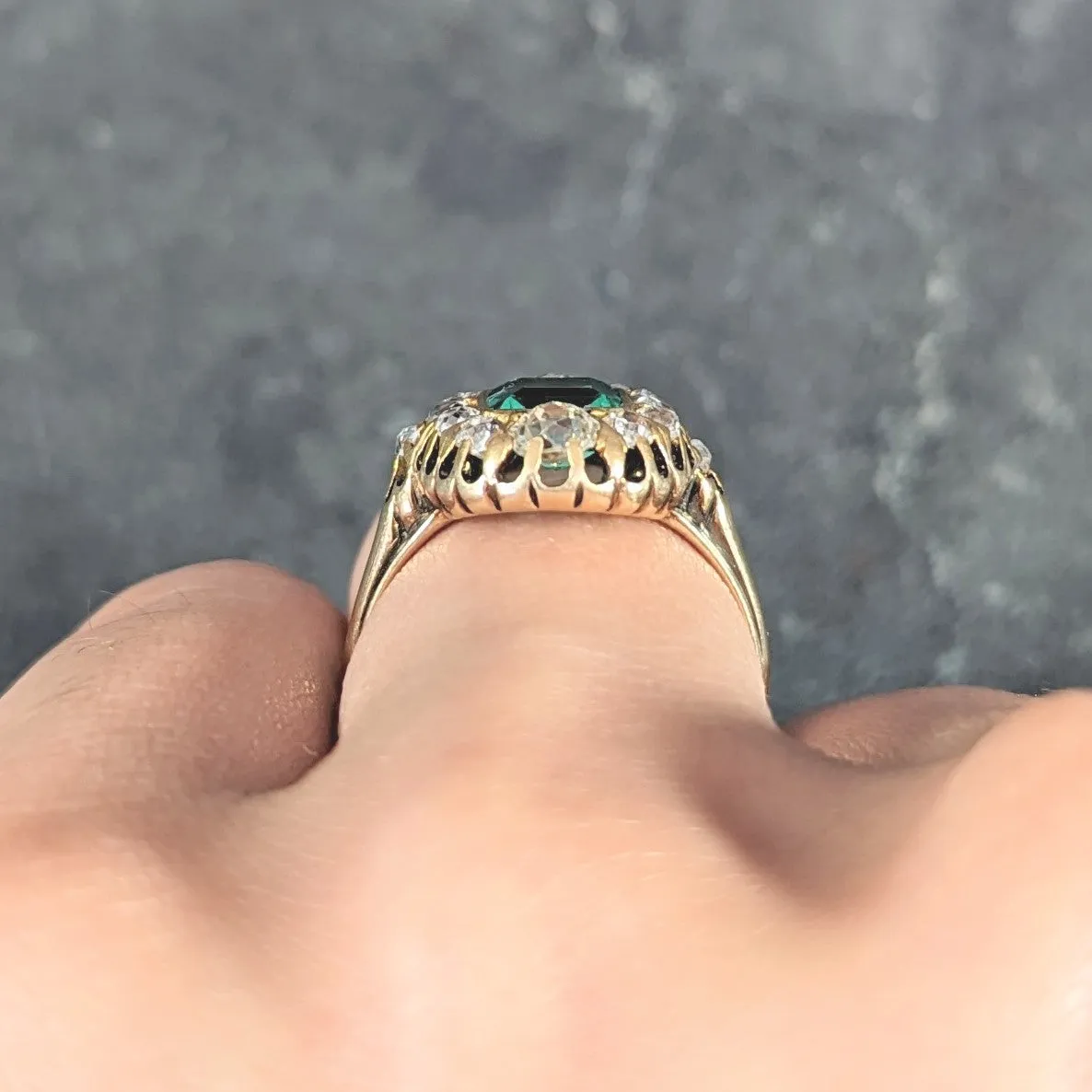 Victorian 1.88 CTW No Oil Colombian Emerald Old Mine Cut Diamond 14 Karat Yellow Gold Antique Halo Ring GIA