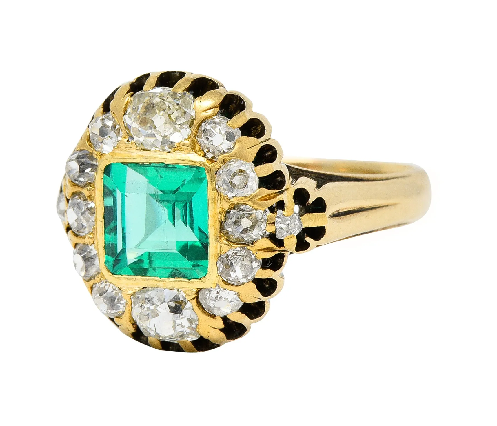 Victorian 1.88 CTW No Oil Colombian Emerald Old Mine Cut Diamond 14 Karat Yellow Gold Antique Halo Ring GIA