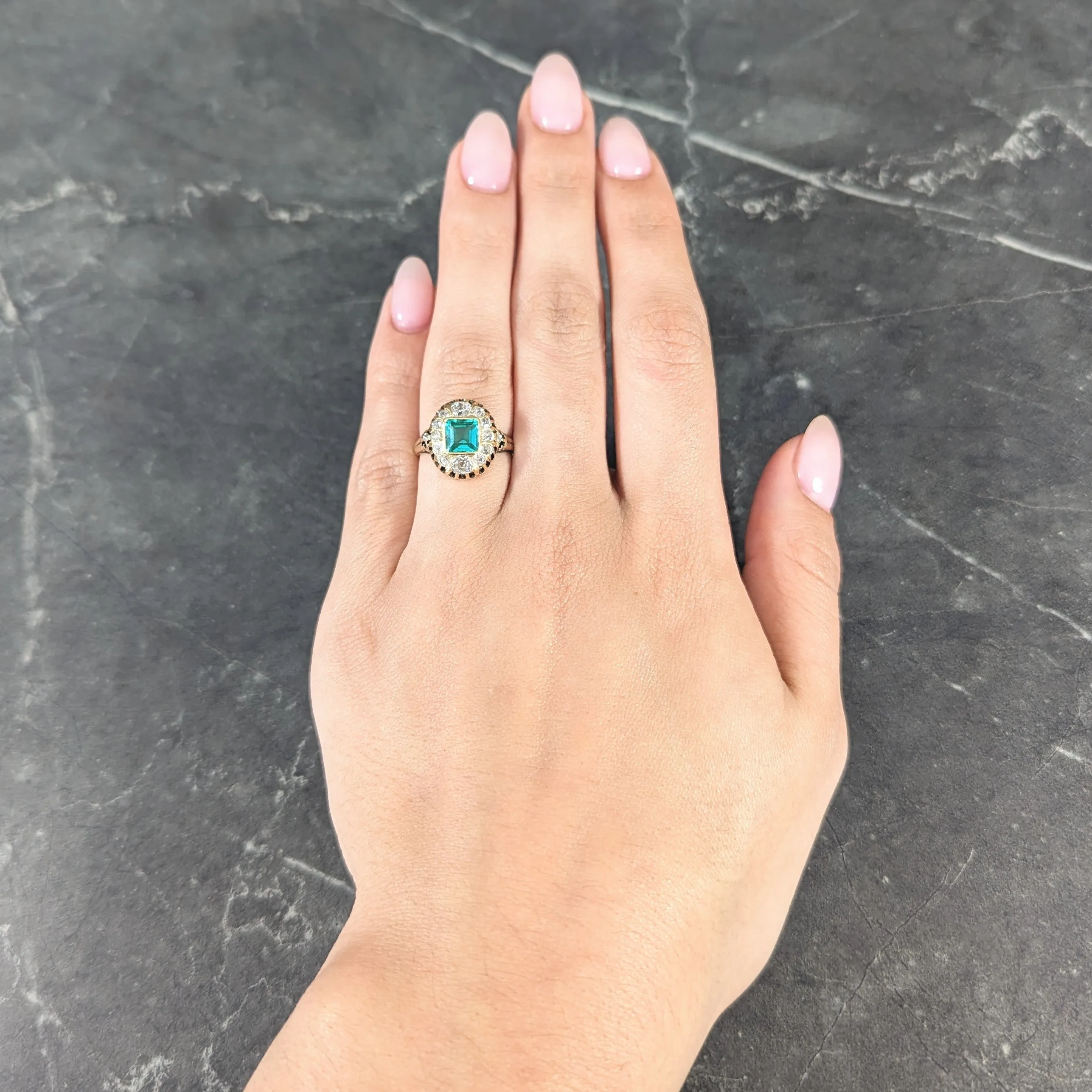 Victorian 1.88 CTW No Oil Colombian Emerald Old Mine Cut Diamond 14 Karat Yellow Gold Antique Halo Ring GIA