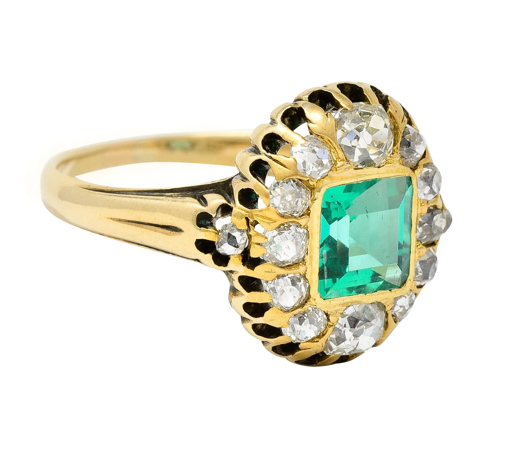 Victorian 1.88 CTW No Oil Colombian Emerald Old Mine Cut Diamond 14 Karat Yellow Gold Antique Halo Ring GIA