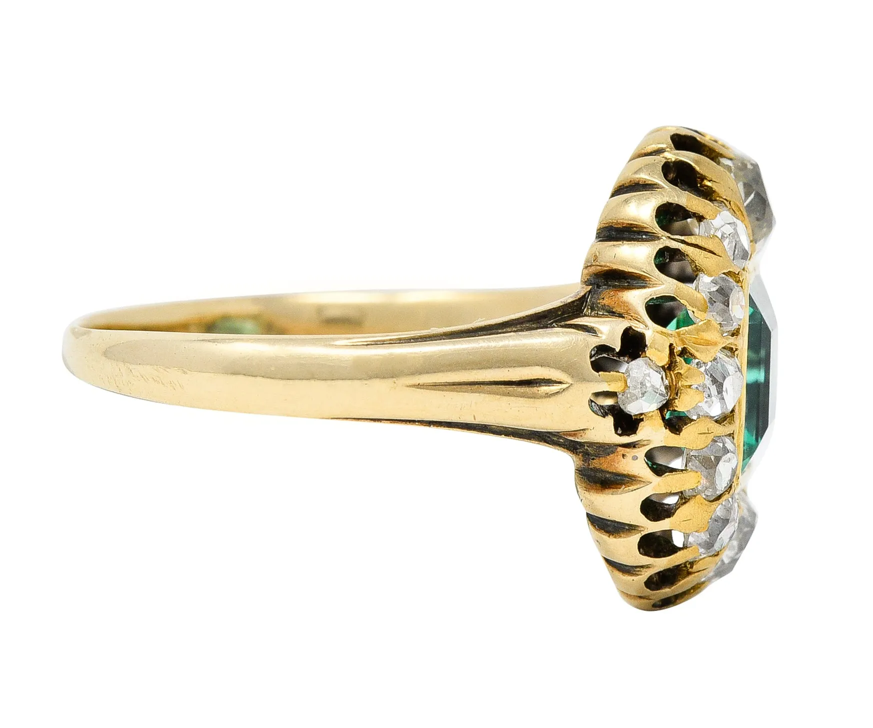 Victorian 1.88 CTW No Oil Colombian Emerald Old Mine Cut Diamond 14 Karat Yellow Gold Antique Halo Ring GIA