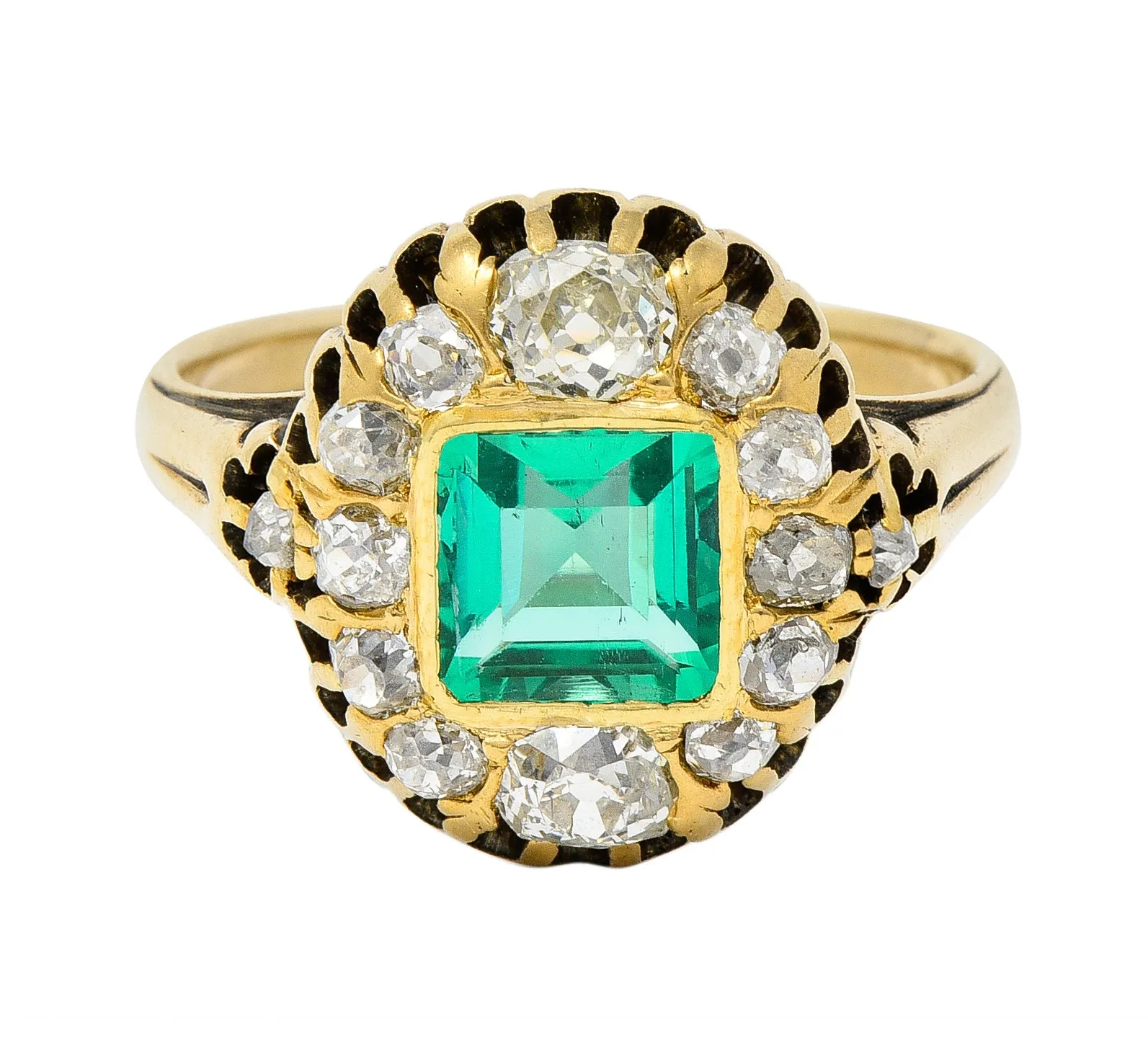 Victorian 1.88 CTW No Oil Colombian Emerald Old Mine Cut Diamond 14 Karat Yellow Gold Antique Halo Ring GIA