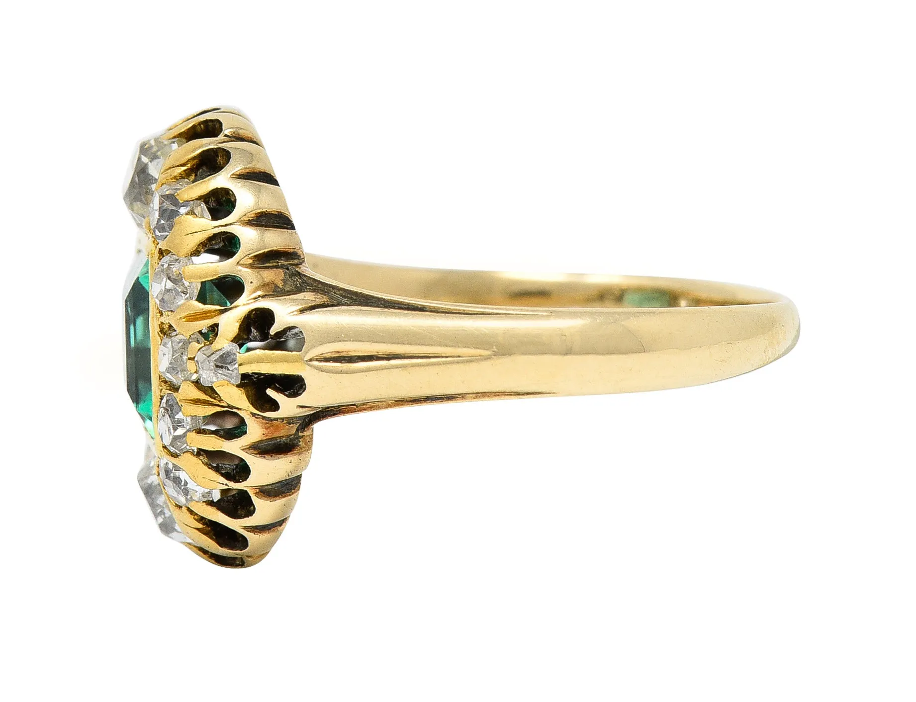 Victorian 1.88 CTW No Oil Colombian Emerald Old Mine Cut Diamond 14 Karat Yellow Gold Antique Halo Ring GIA