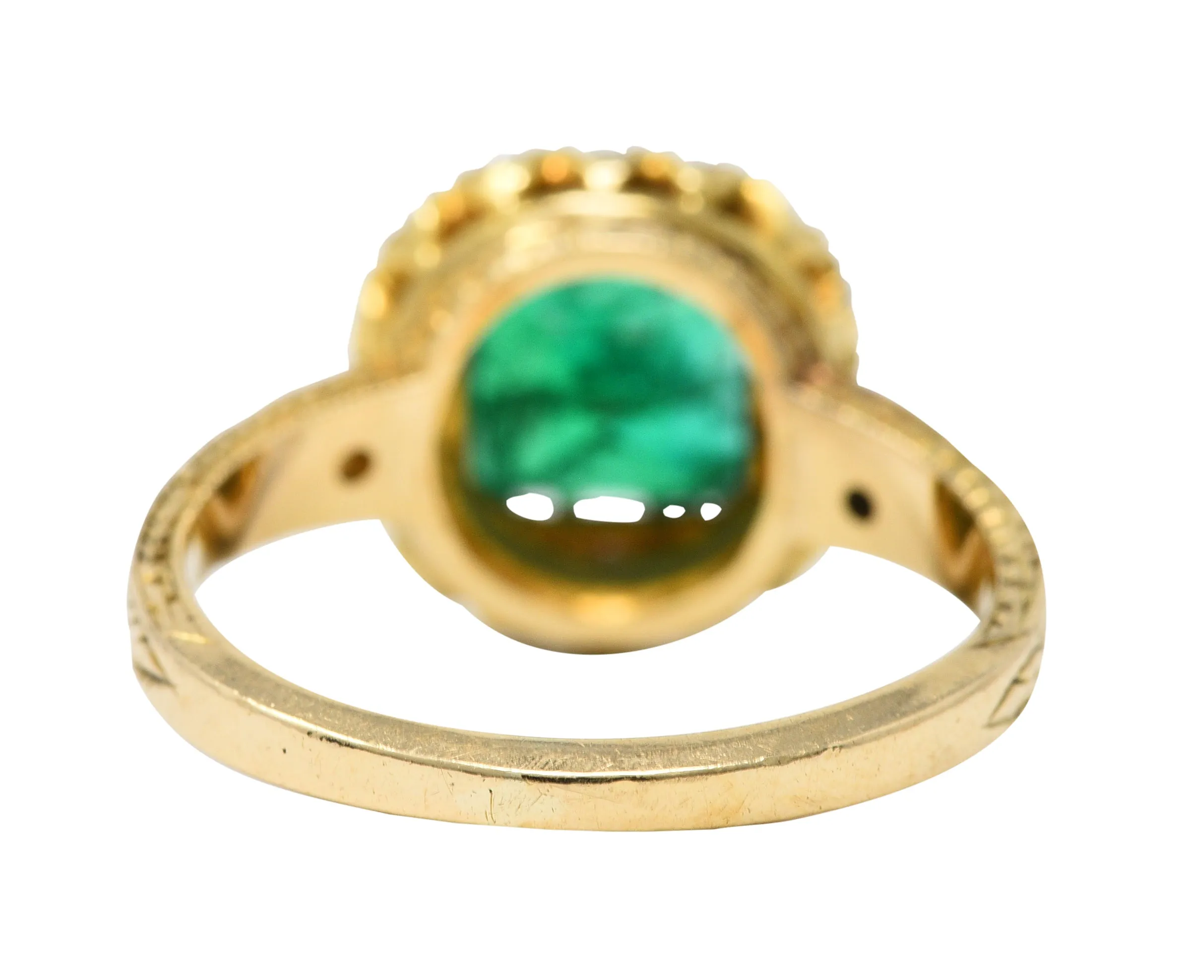 Victorian 2.12 CTW Emerald Old Mine Cut Diamond 14 Karat Yellow Gold Wheat Antique Halo Ring