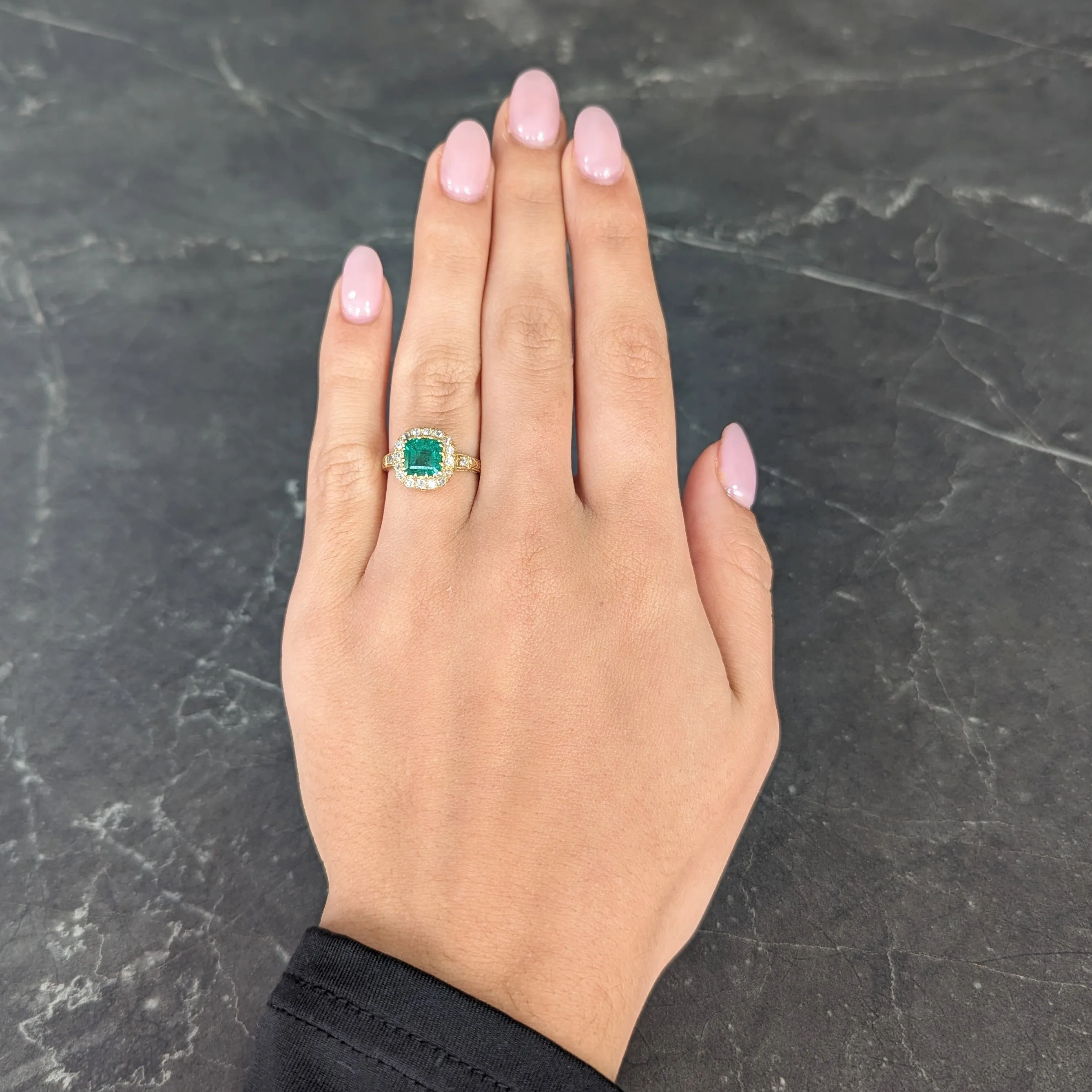 Victorian 2.12 CTW Emerald Old Mine Cut Diamond 14 Karat Yellow Gold Wheat Antique Halo Ring