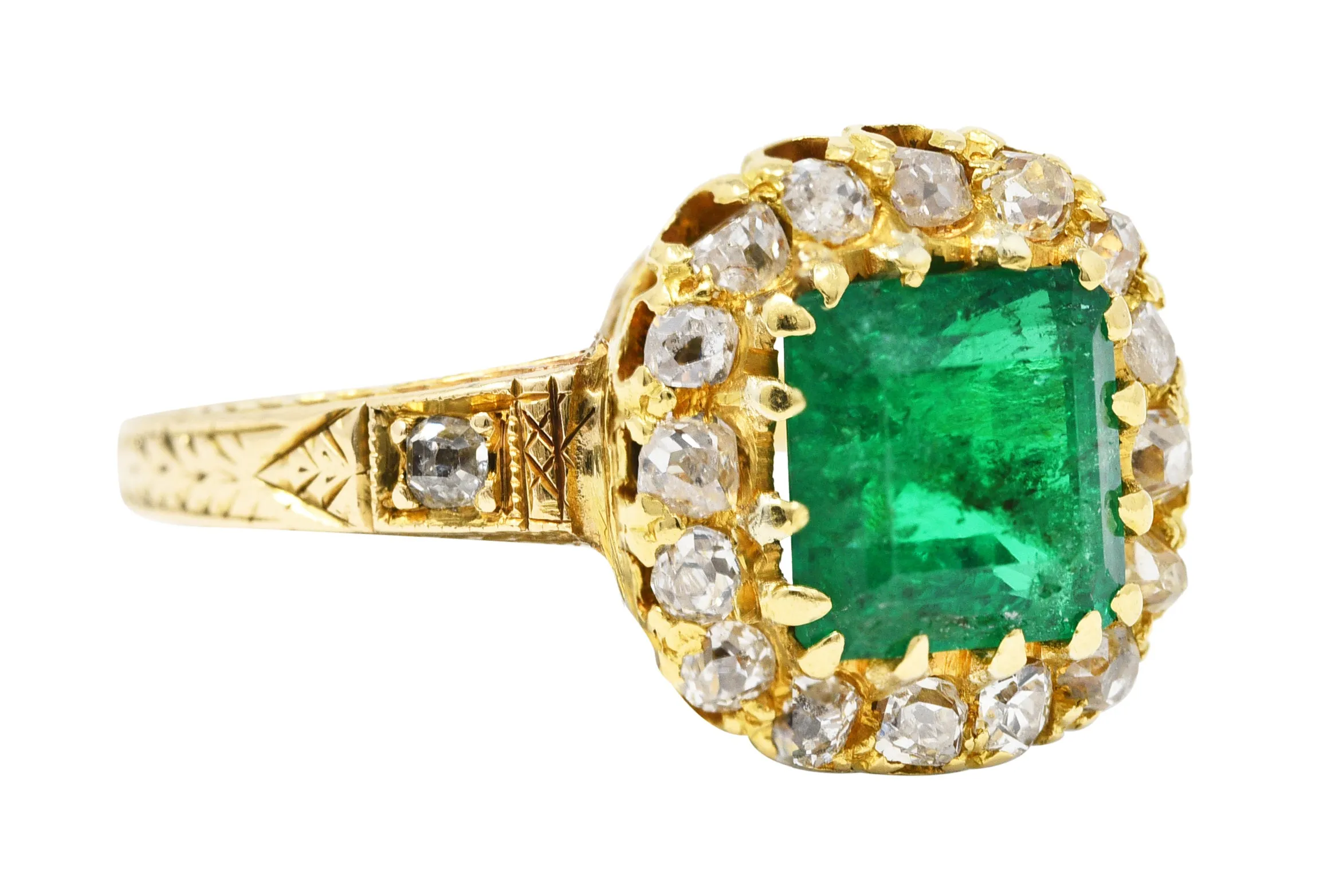 Victorian 2.12 CTW Emerald Old Mine Cut Diamond 14 Karat Yellow Gold Wheat Antique Halo Ring
