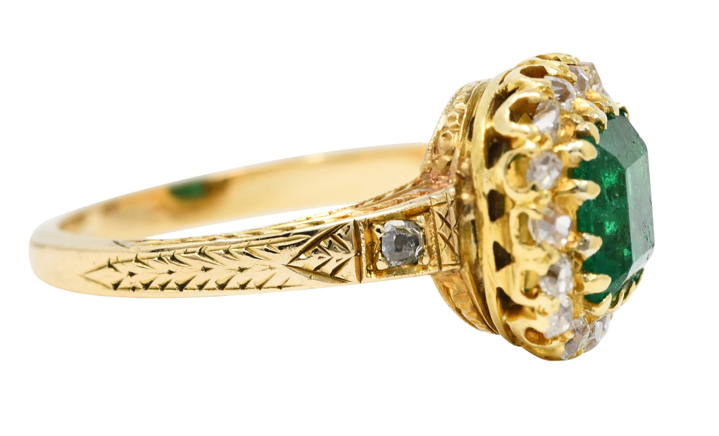 Victorian 2.12 CTW Emerald Old Mine Cut Diamond 14 Karat Yellow Gold Wheat Antique Halo Ring