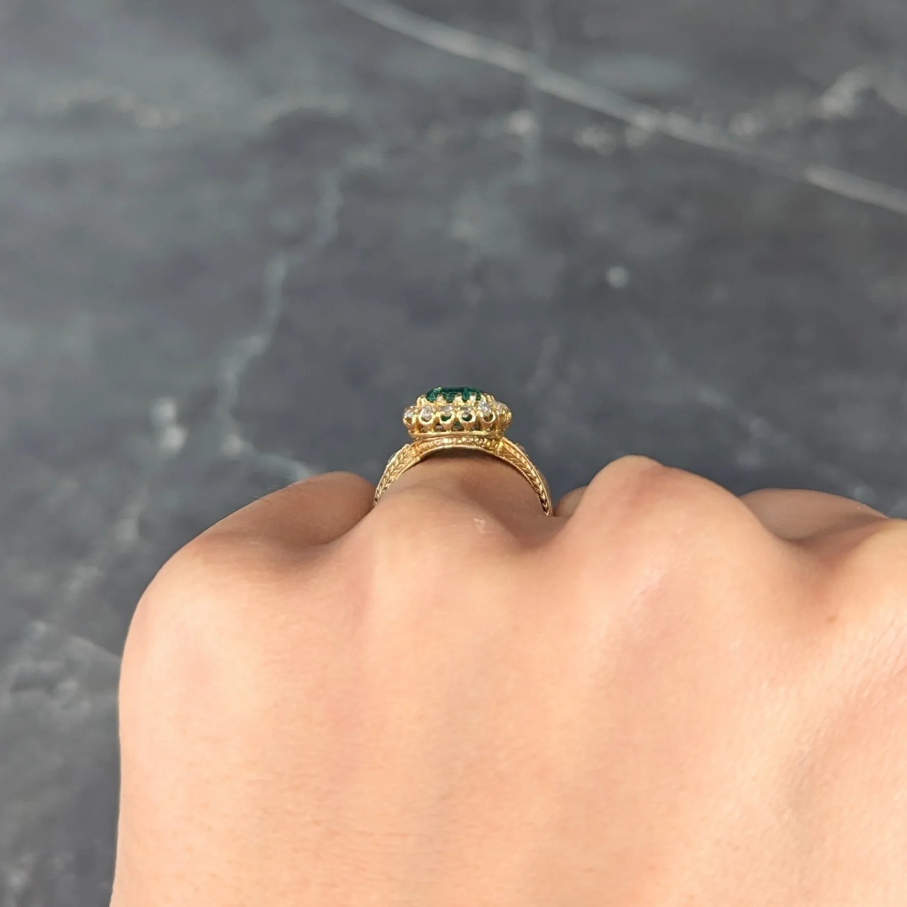 Victorian 2.12 CTW Emerald Old Mine Cut Diamond 14 Karat Yellow Gold Wheat Antique Halo Ring
