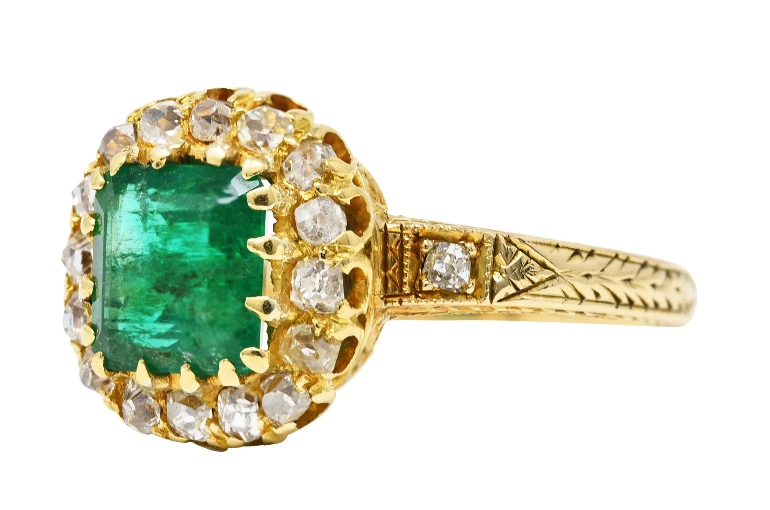 Victorian 2.12 CTW Emerald Old Mine Cut Diamond 14 Karat Yellow Gold Wheat Antique Halo Ring