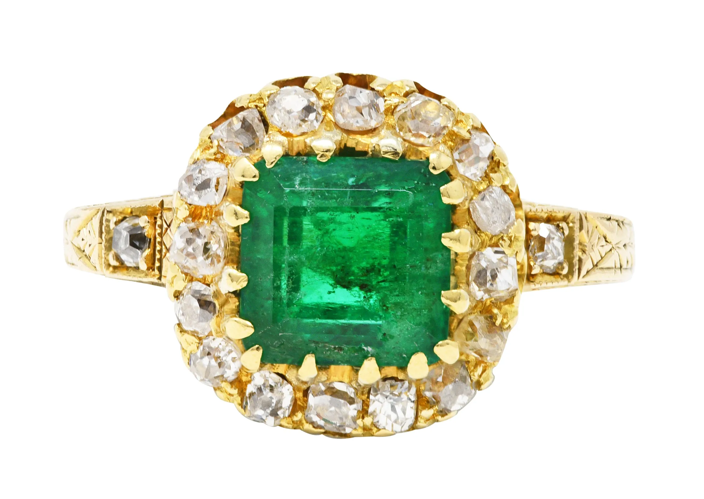 Victorian 2.12 CTW Emerald Old Mine Cut Diamond 14 Karat Yellow Gold Wheat Antique Halo Ring