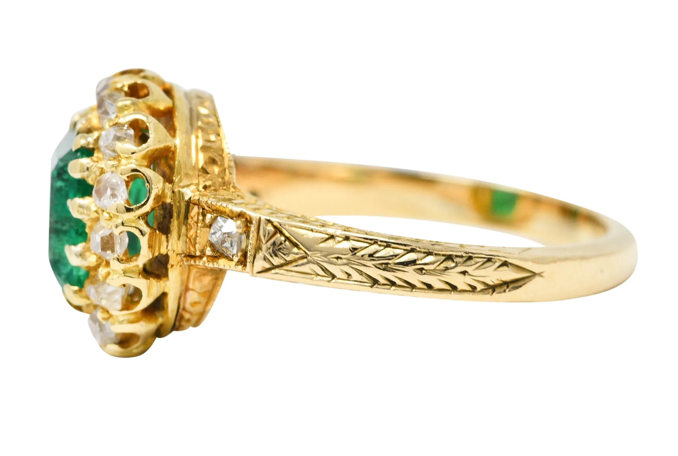 Victorian 2.12 CTW Emerald Old Mine Cut Diamond 14 Karat Yellow Gold Wheat Antique Halo Ring