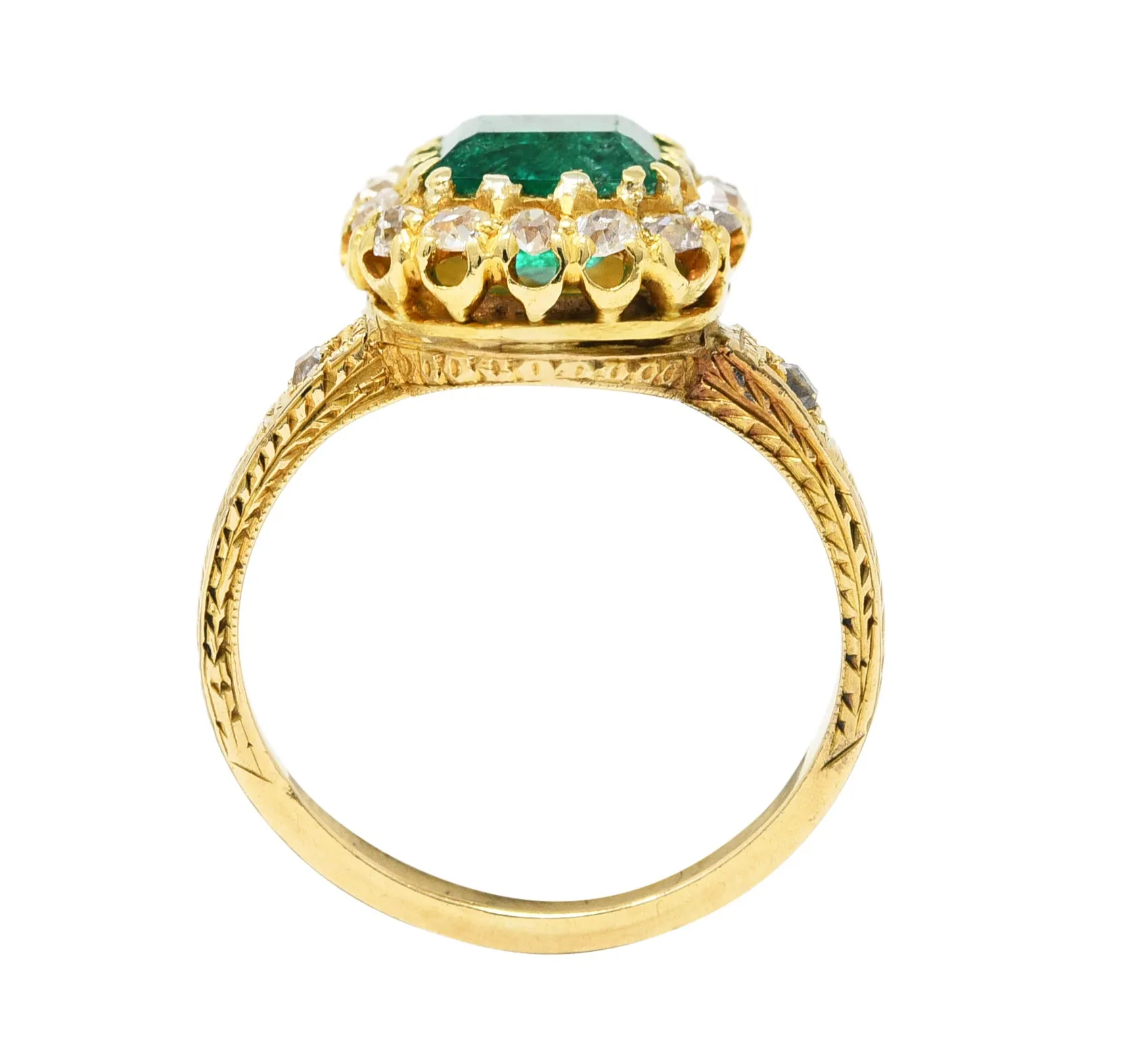 Victorian 2.12 CTW Emerald Old Mine Cut Diamond 14 Karat Yellow Gold Wheat Antique Halo Ring