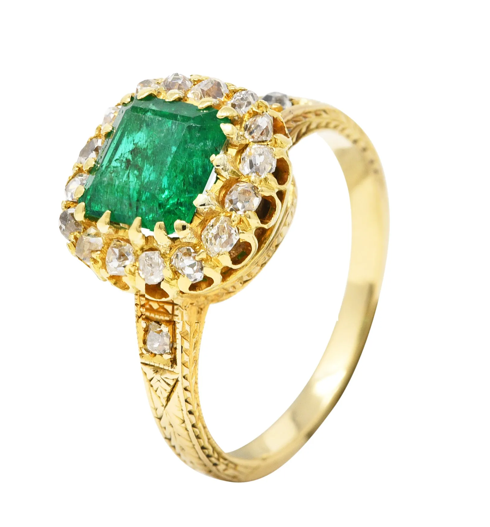 Victorian 2.12 CTW Emerald Old Mine Cut Diamond 14 Karat Yellow Gold Wheat Antique Halo Ring