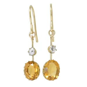 Victorian 2.45 CTW Citrine Diamond 14 Karat Gold Drop Earrings