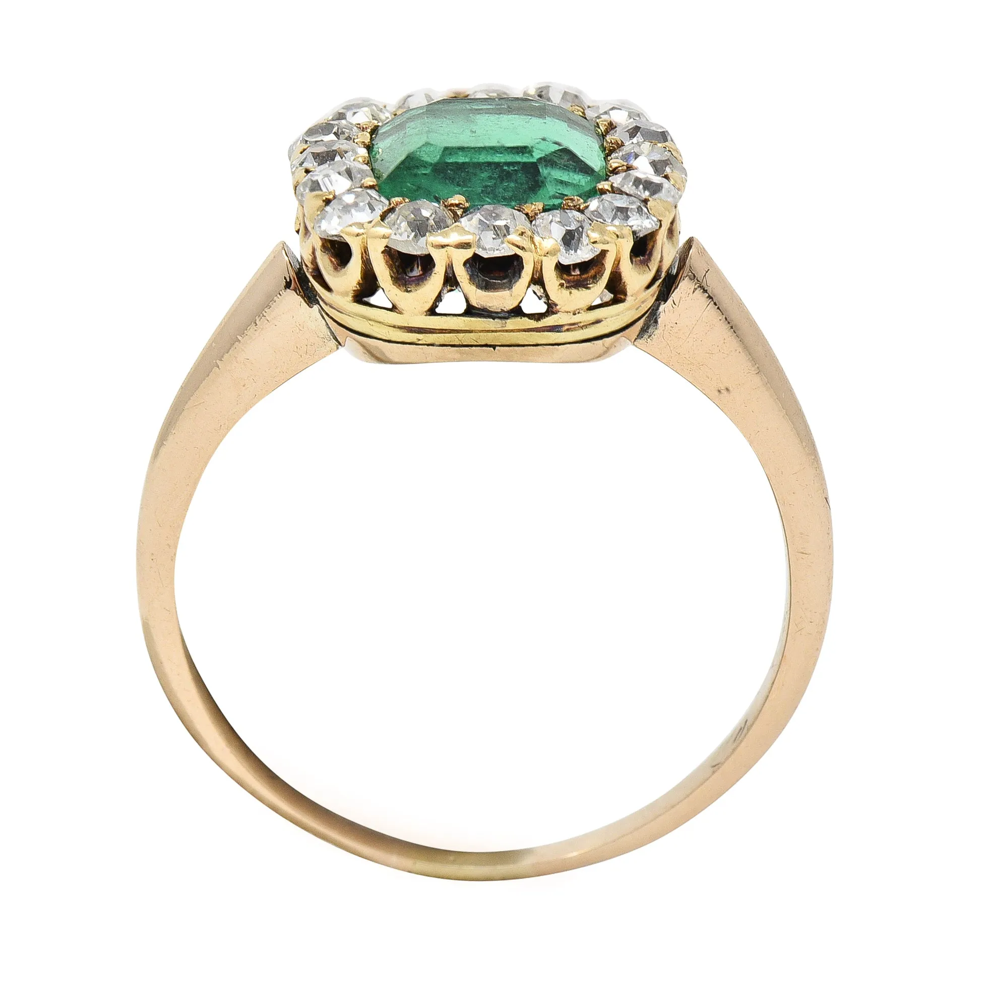 Victorian 2.51 CTW Cushion Cut Colombian Emerald Diamond 14 Karat Yellow Gold Antique Halo Ring GIA