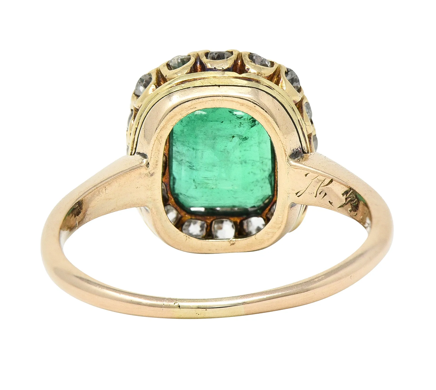Victorian 2.51 CTW Cushion Cut Colombian Emerald Diamond 14 Karat Yellow Gold Antique Halo Ring GIA