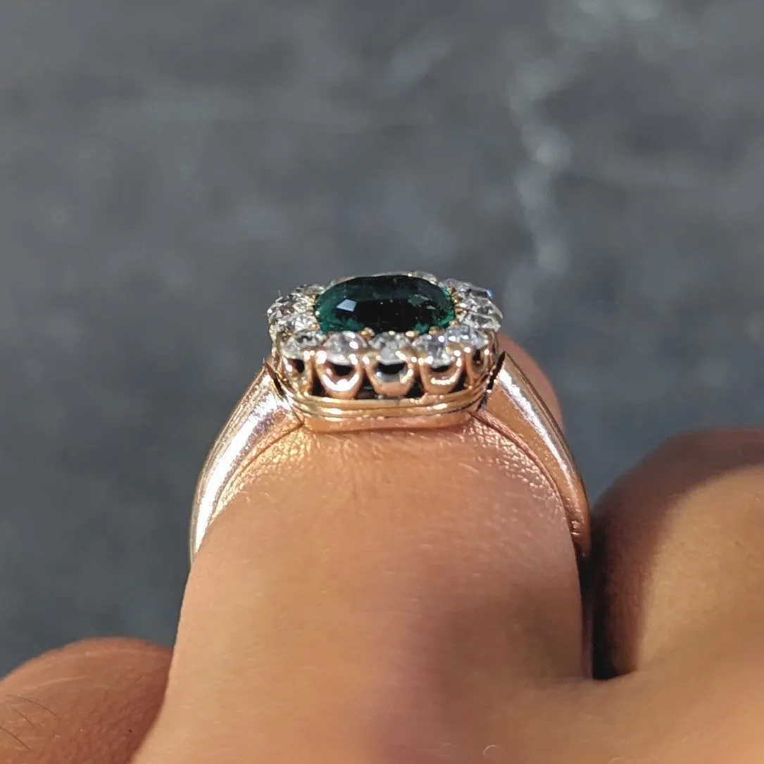 Victorian 2.51 CTW Cushion Cut Colombian Emerald Diamond 14 Karat Yellow Gold Antique Halo Ring GIA