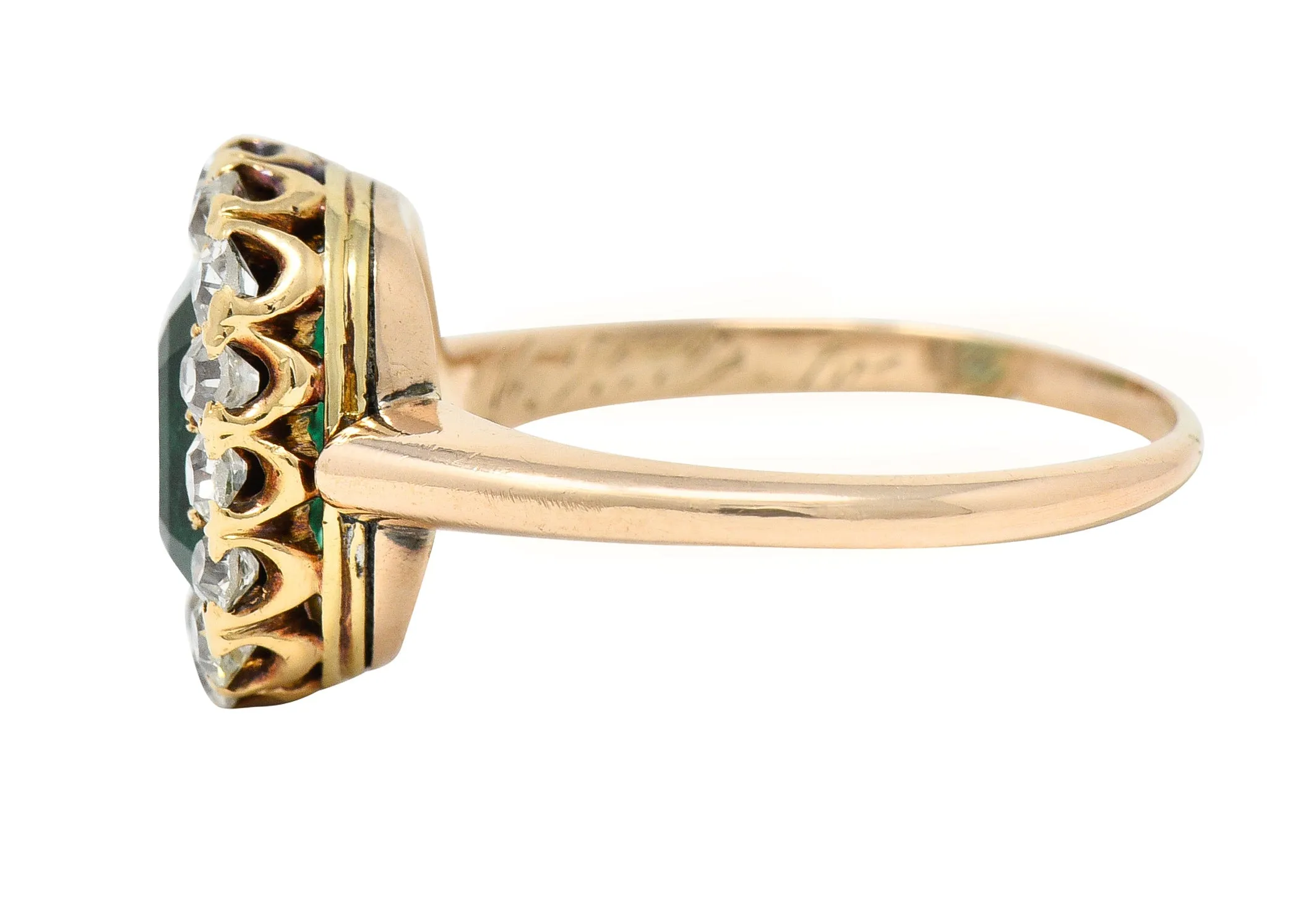 Victorian 2.51 CTW Cushion Cut Colombian Emerald Diamond 14 Karat Yellow Gold Antique Halo Ring GIA