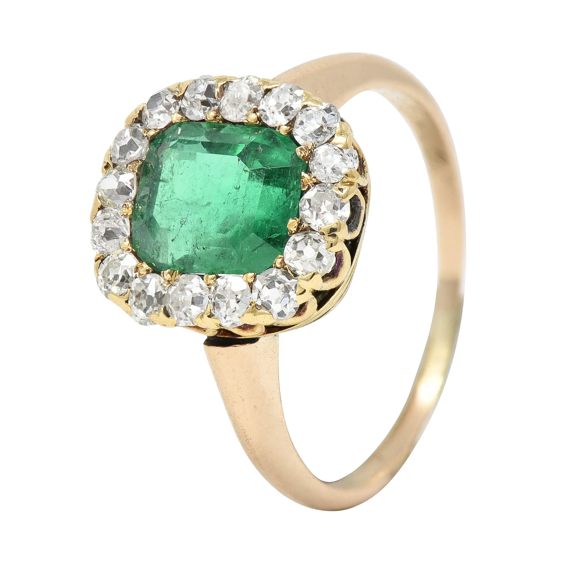 Victorian 2.51 CTW Cushion Cut Colombian Emerald Diamond 14 Karat Yellow Gold Antique Halo Ring GIA