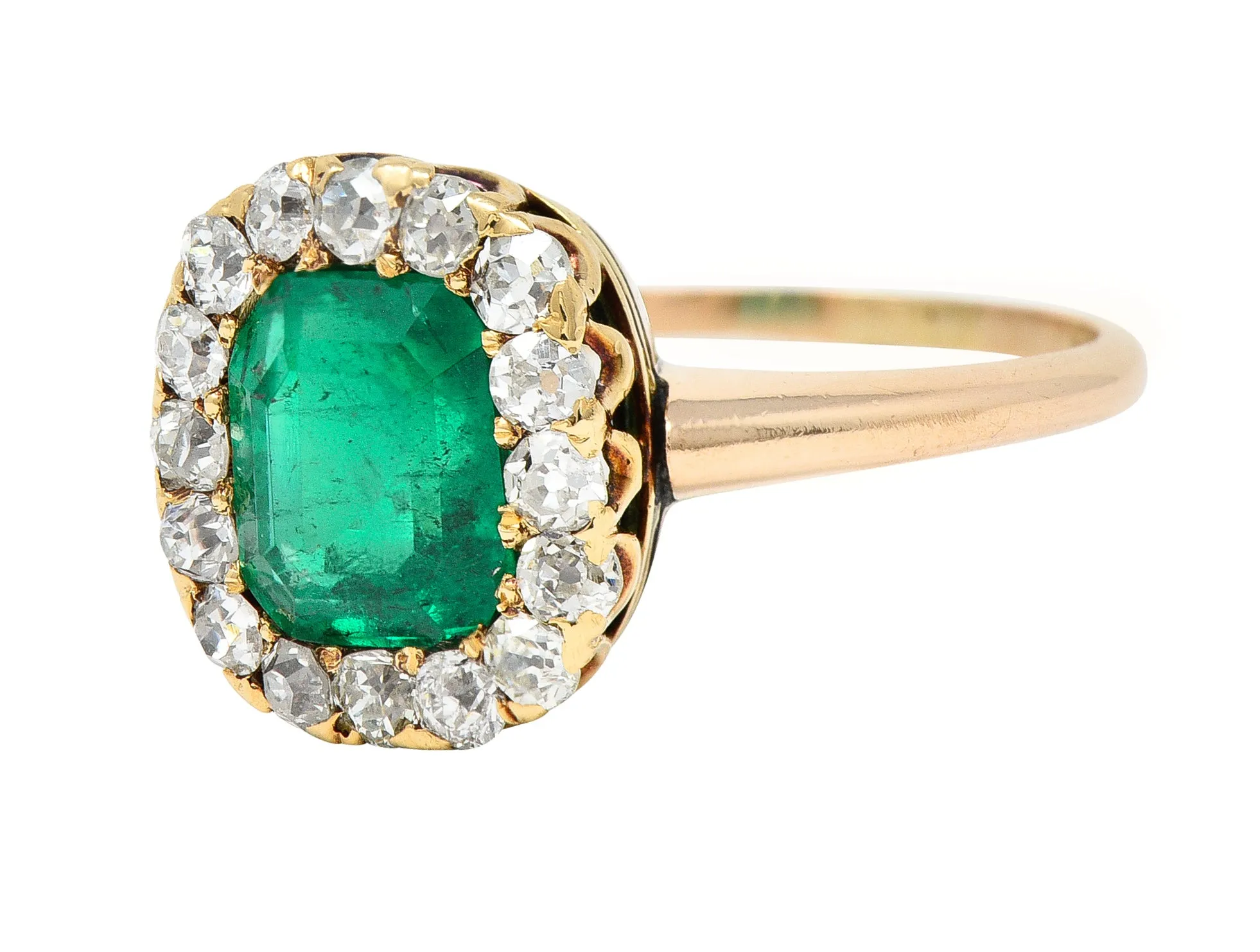 Victorian 2.51 CTW Cushion Cut Colombian Emerald Diamond 14 Karat Yellow Gold Antique Halo Ring GIA