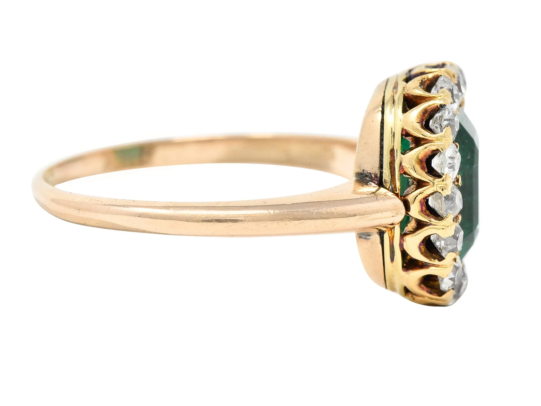 Victorian 2.51 CTW Cushion Cut Colombian Emerald Diamond 14 Karat Yellow Gold Antique Halo Ring GIA