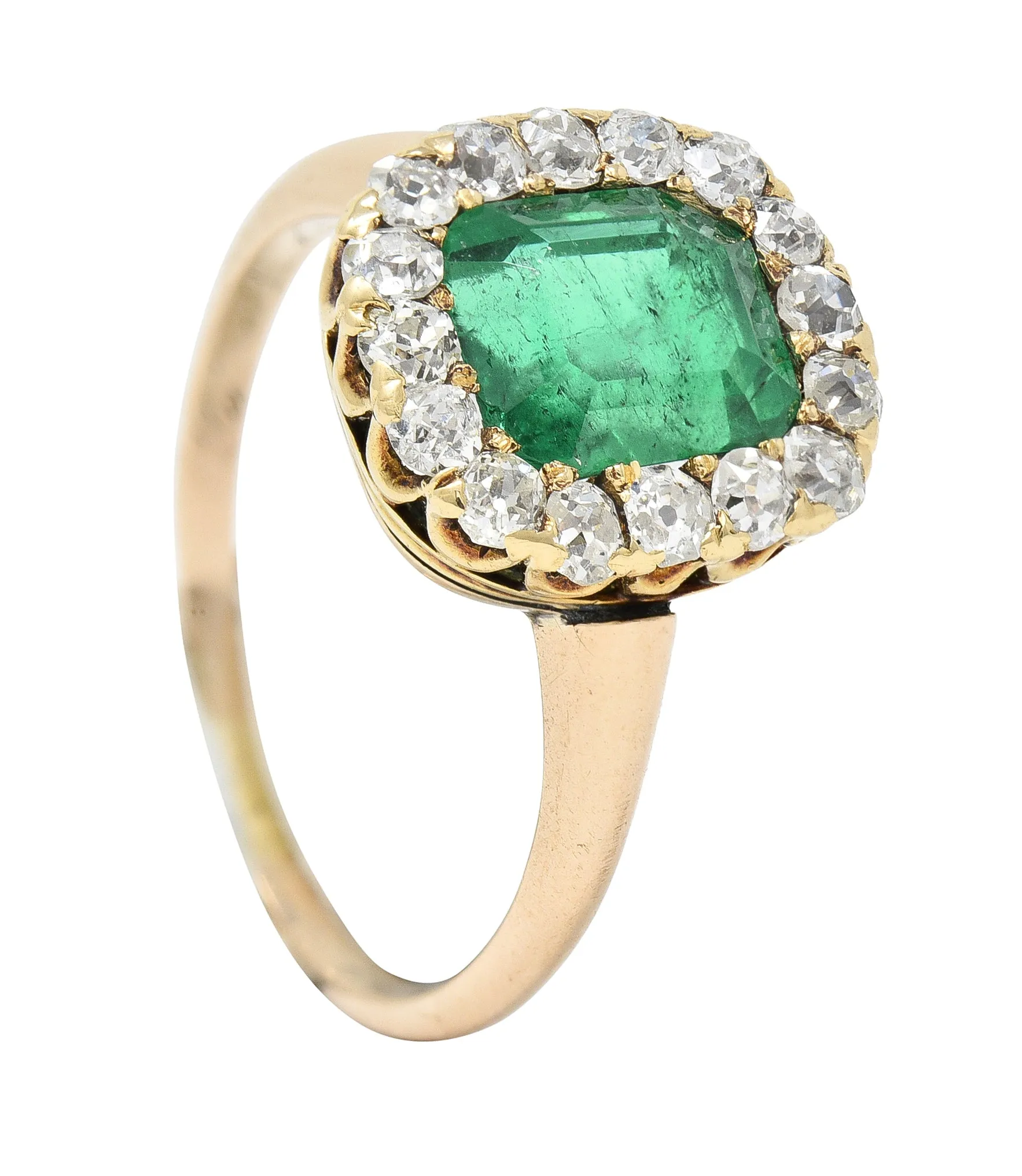 Victorian 2.51 CTW Cushion Cut Colombian Emerald Diamond 14 Karat Yellow Gold Antique Halo Ring GIA