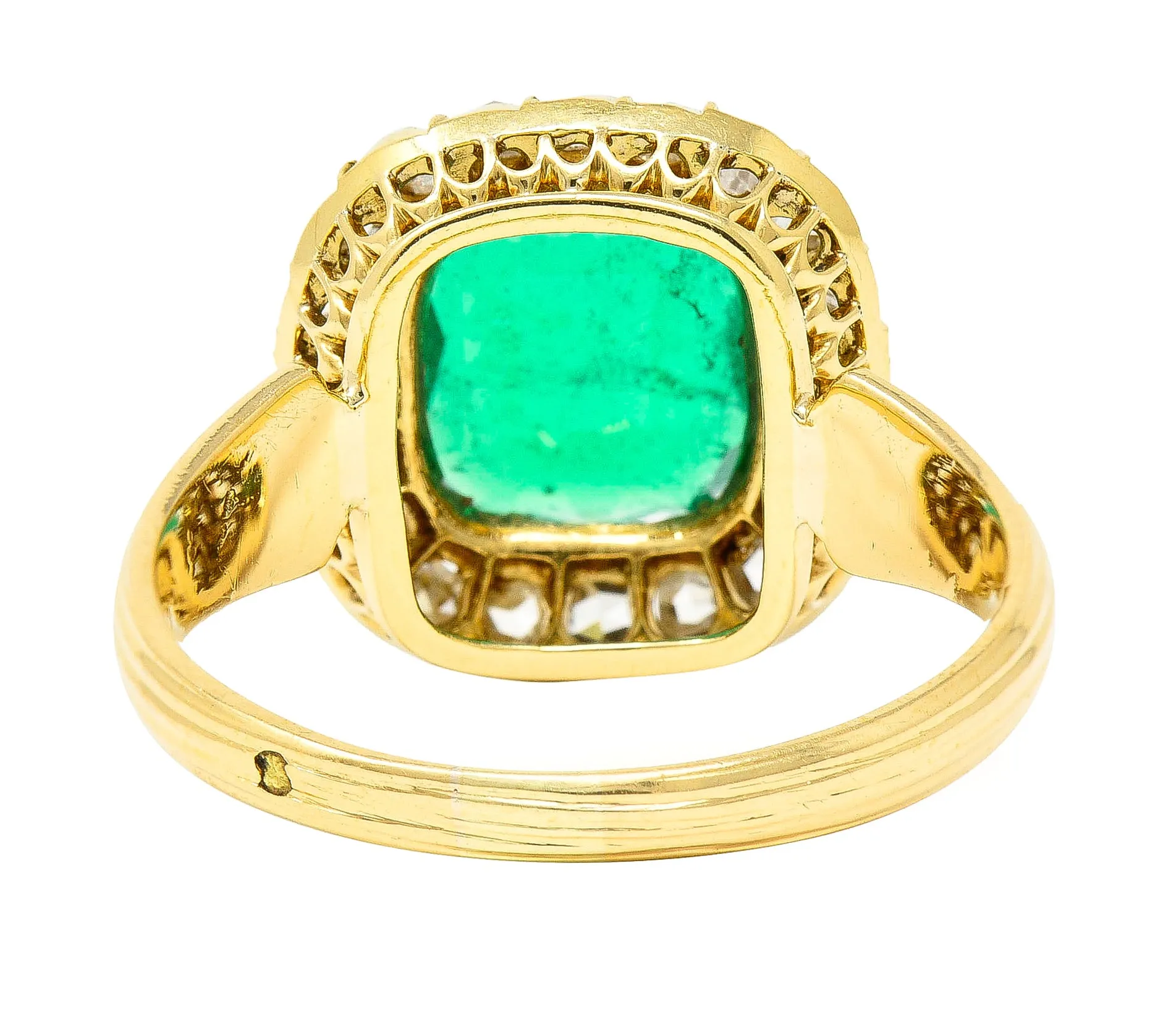 Victorian 2.78 CTW Cushion Cut Colombian Emerald Diamond 18 Karat Yellow Gold Antique Halo Ring AGL