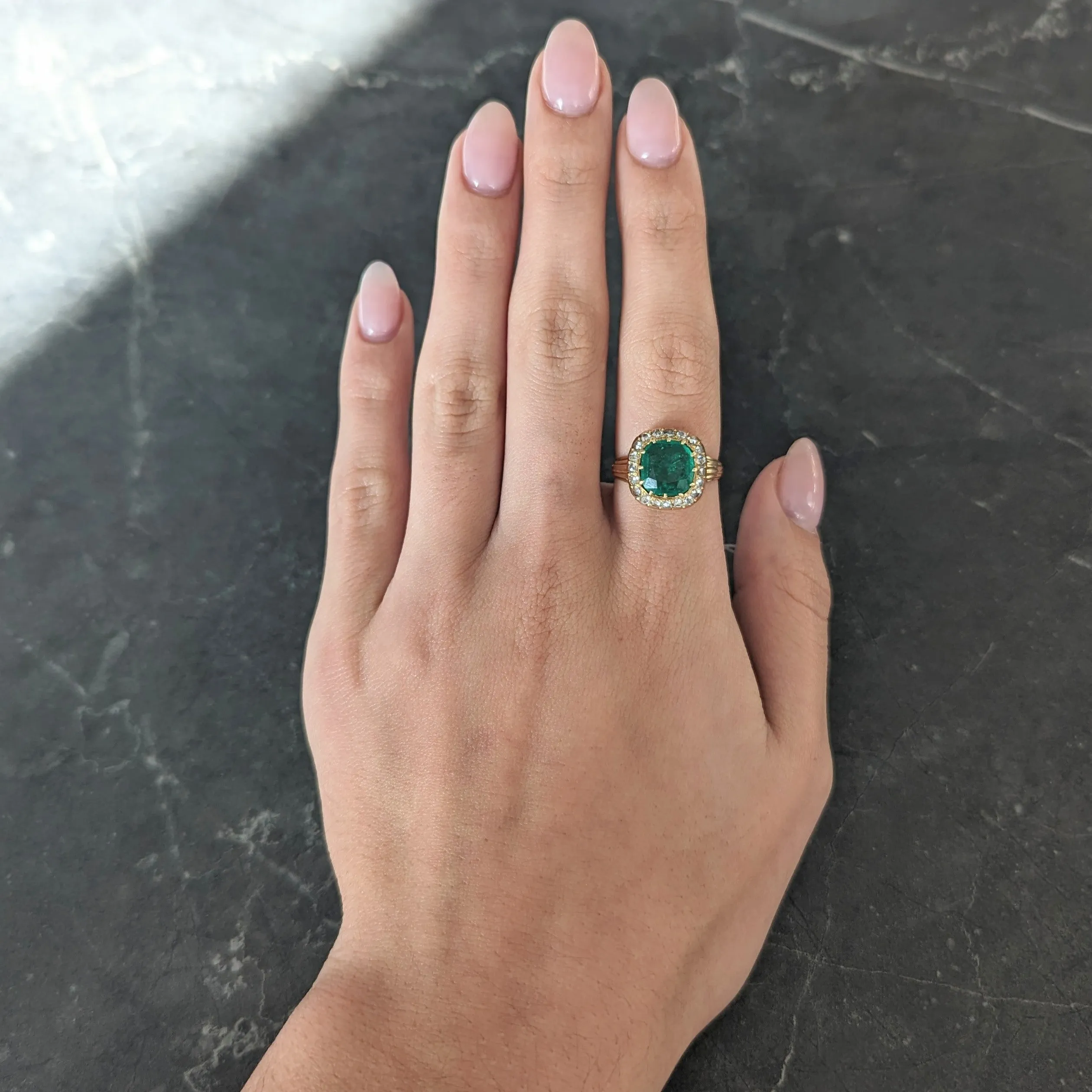 Victorian 2.78 CTW Cushion Cut Colombian Emerald Diamond 18 Karat Yellow Gold Antique Halo Ring AGL