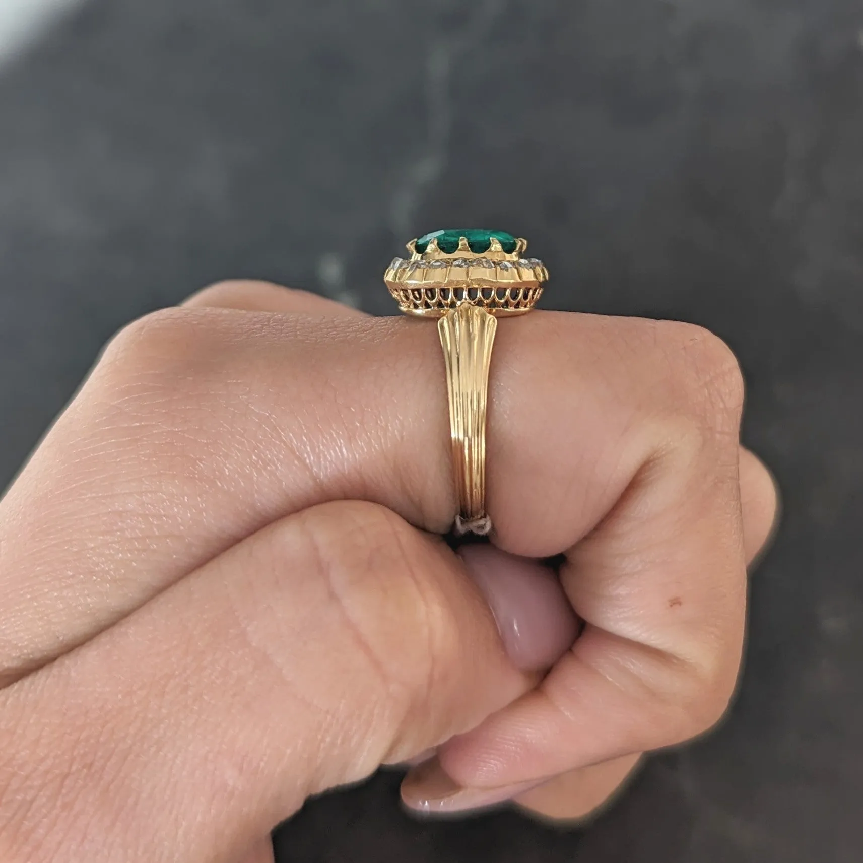 Victorian 2.78 CTW Cushion Cut Colombian Emerald Diamond 18 Karat Yellow Gold Antique Halo Ring AGL