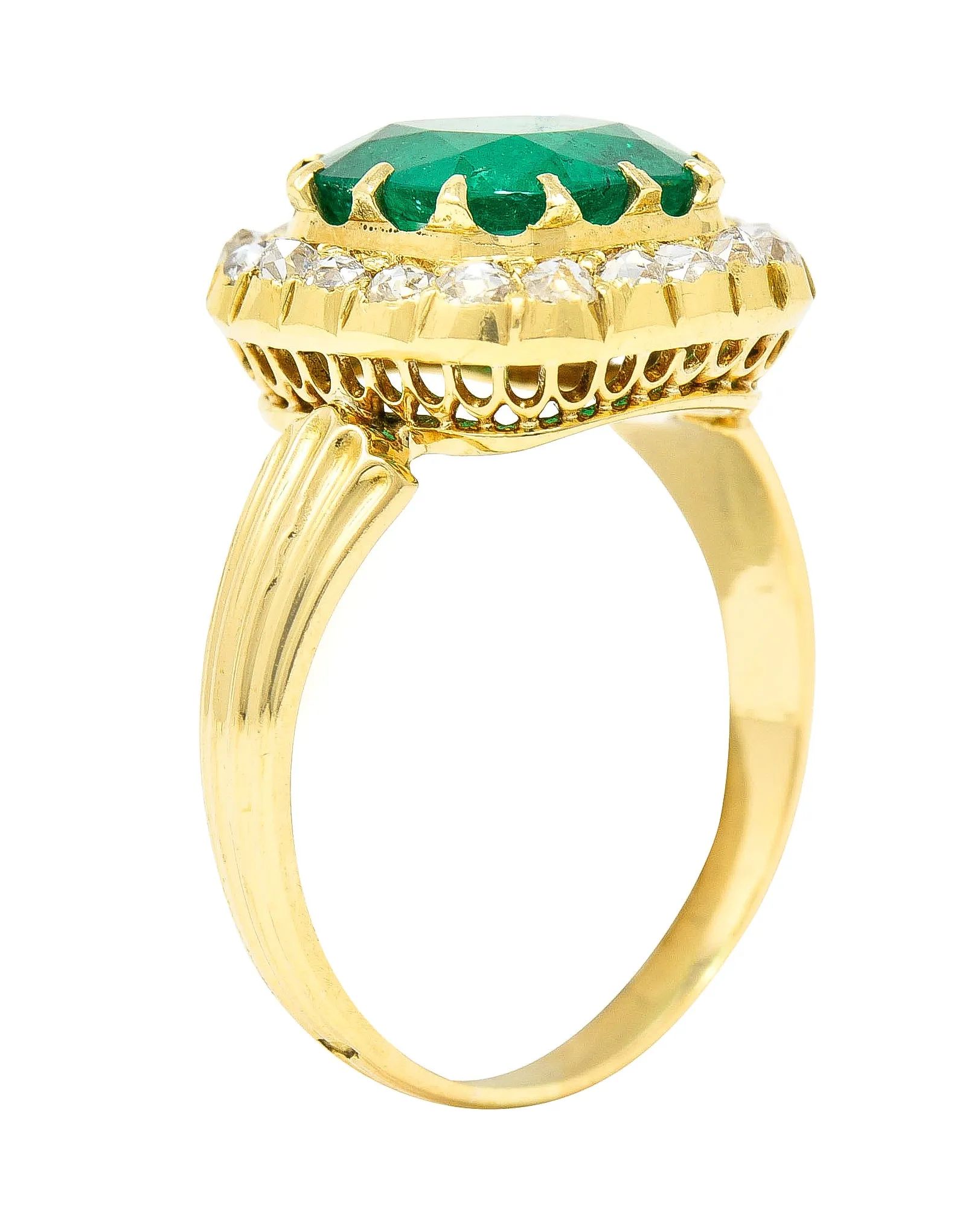 Victorian 2.78 CTW Cushion Cut Colombian Emerald Diamond 18 Karat Yellow Gold Antique Halo Ring AGL