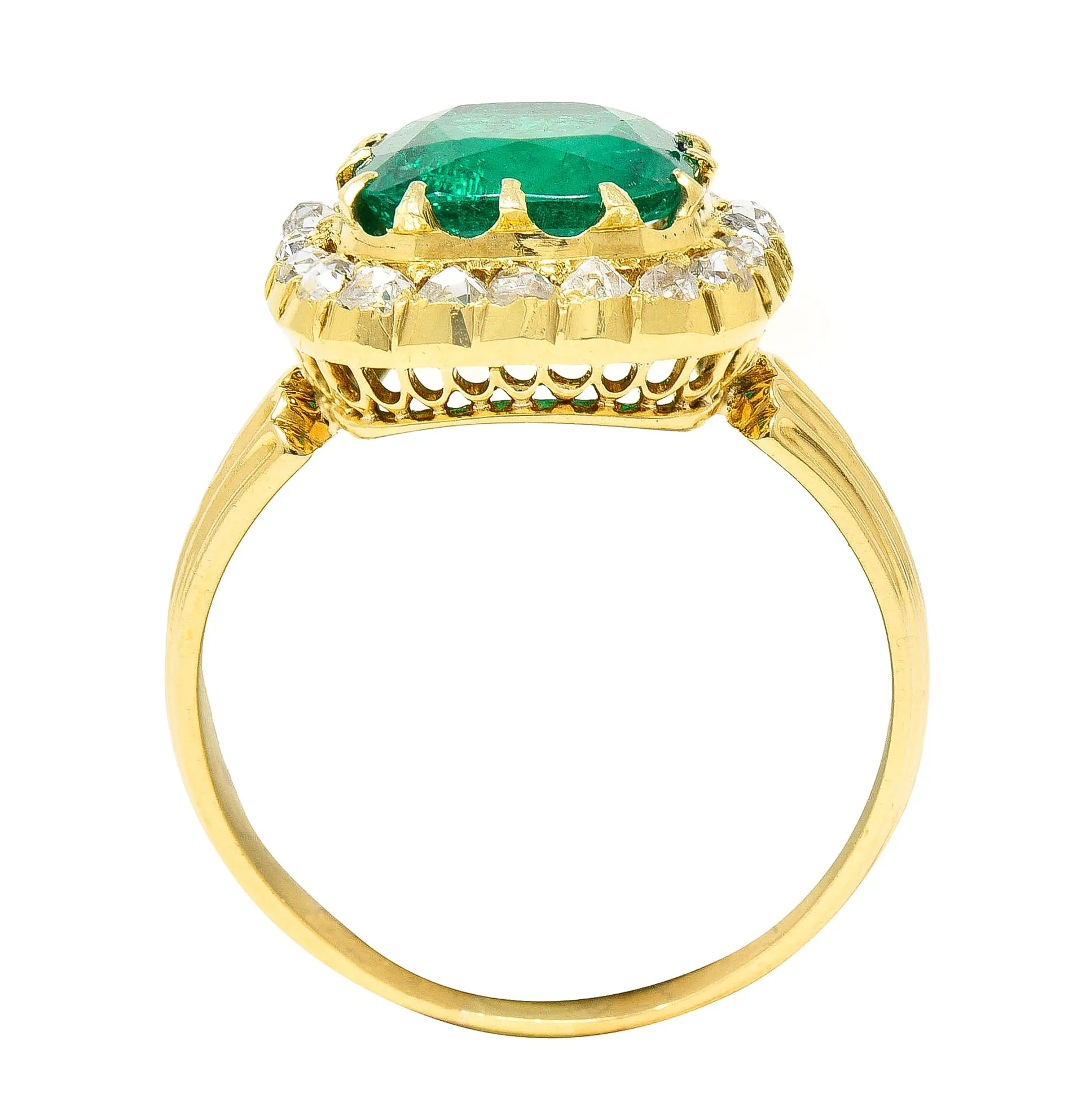 Victorian 2.78 CTW Cushion Cut Colombian Emerald Diamond 18 Karat Yellow Gold Antique Halo Ring AGL