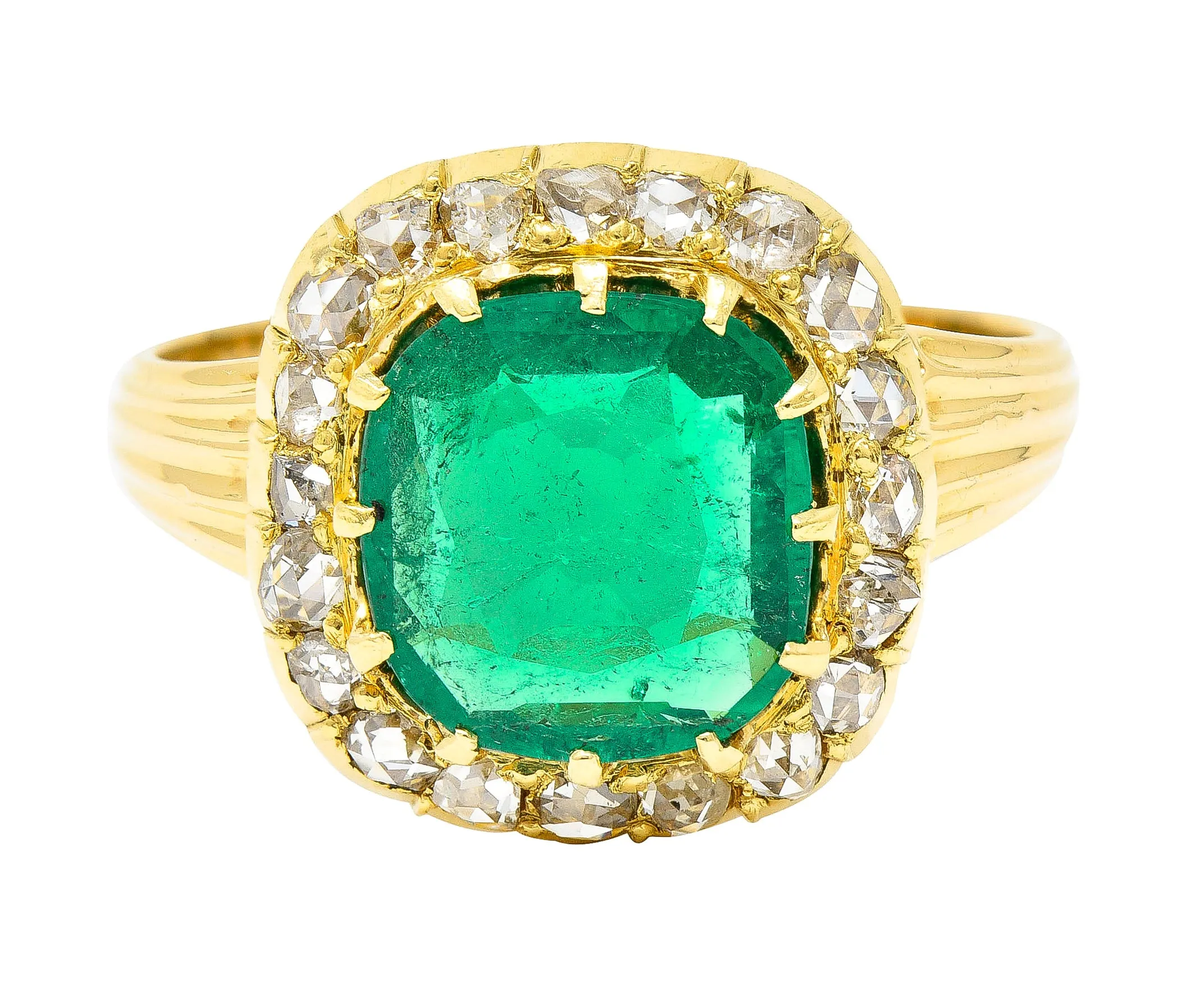 Victorian 2.78 CTW Cushion Cut Colombian Emerald Diamond 18 Karat Yellow Gold Antique Halo Ring AGL