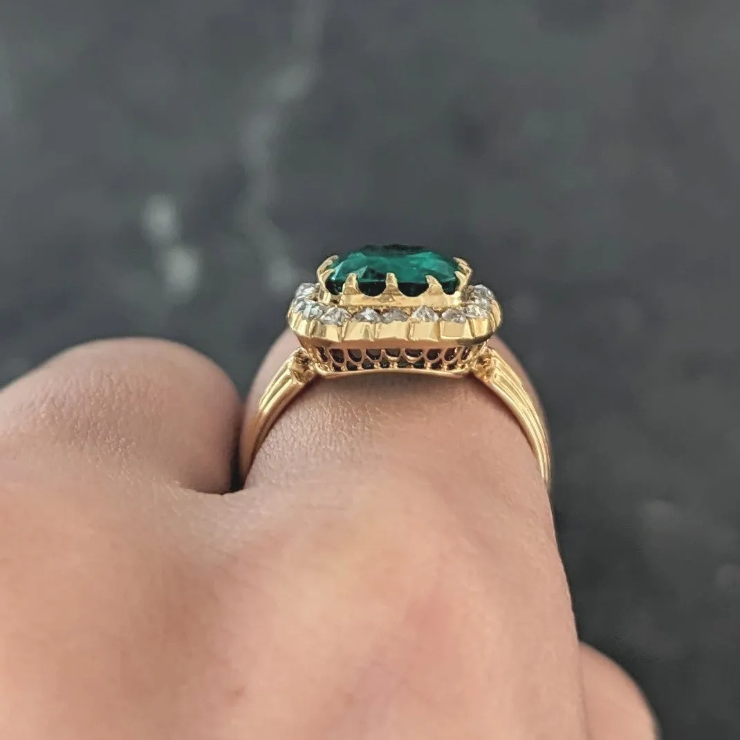 Victorian 2.78 CTW Cushion Cut Colombian Emerald Diamond 18 Karat Yellow Gold Antique Halo Ring AGL