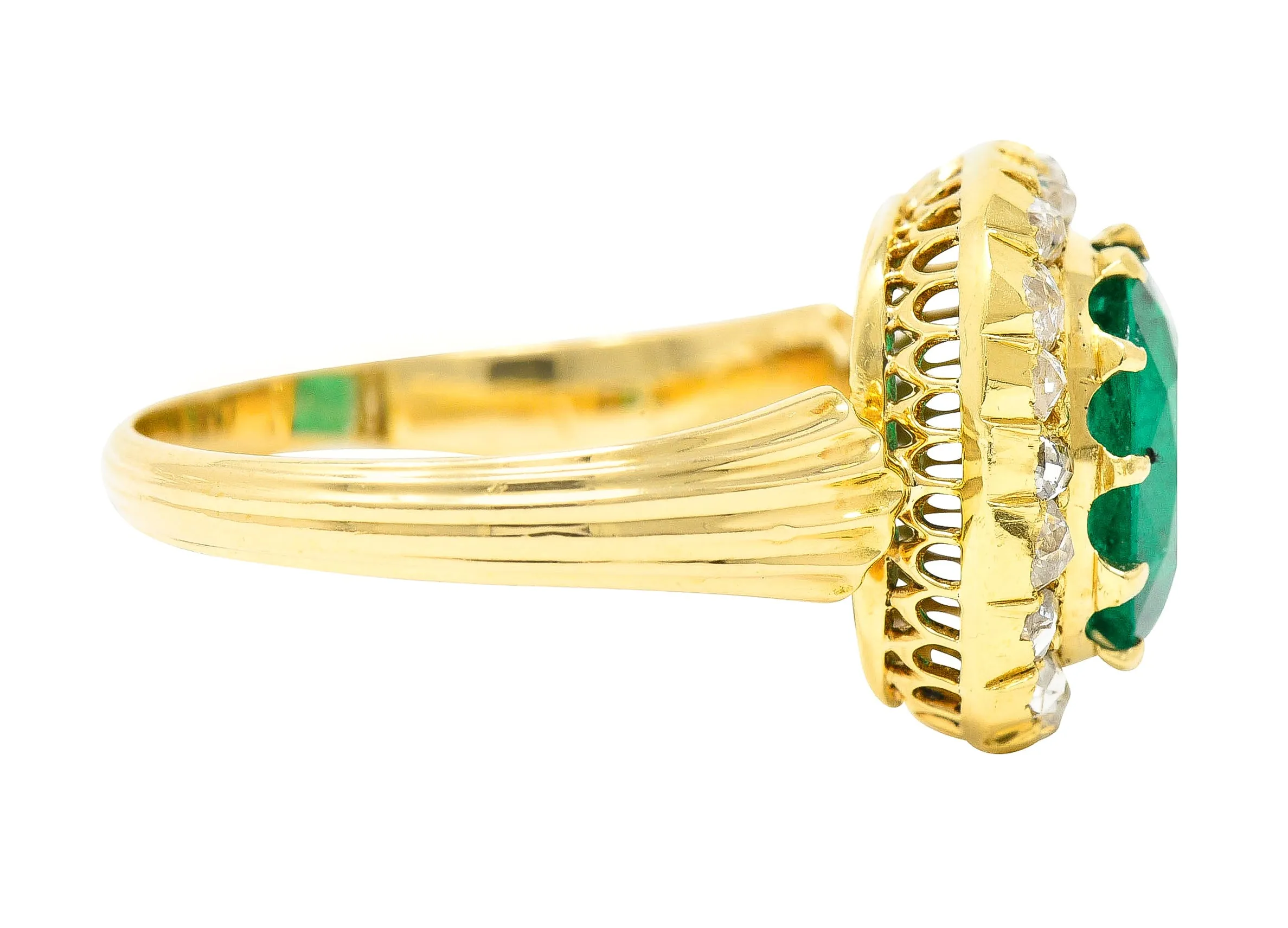 Victorian 2.78 CTW Cushion Cut Colombian Emerald Diamond 18 Karat Yellow Gold Antique Halo Ring AGL
