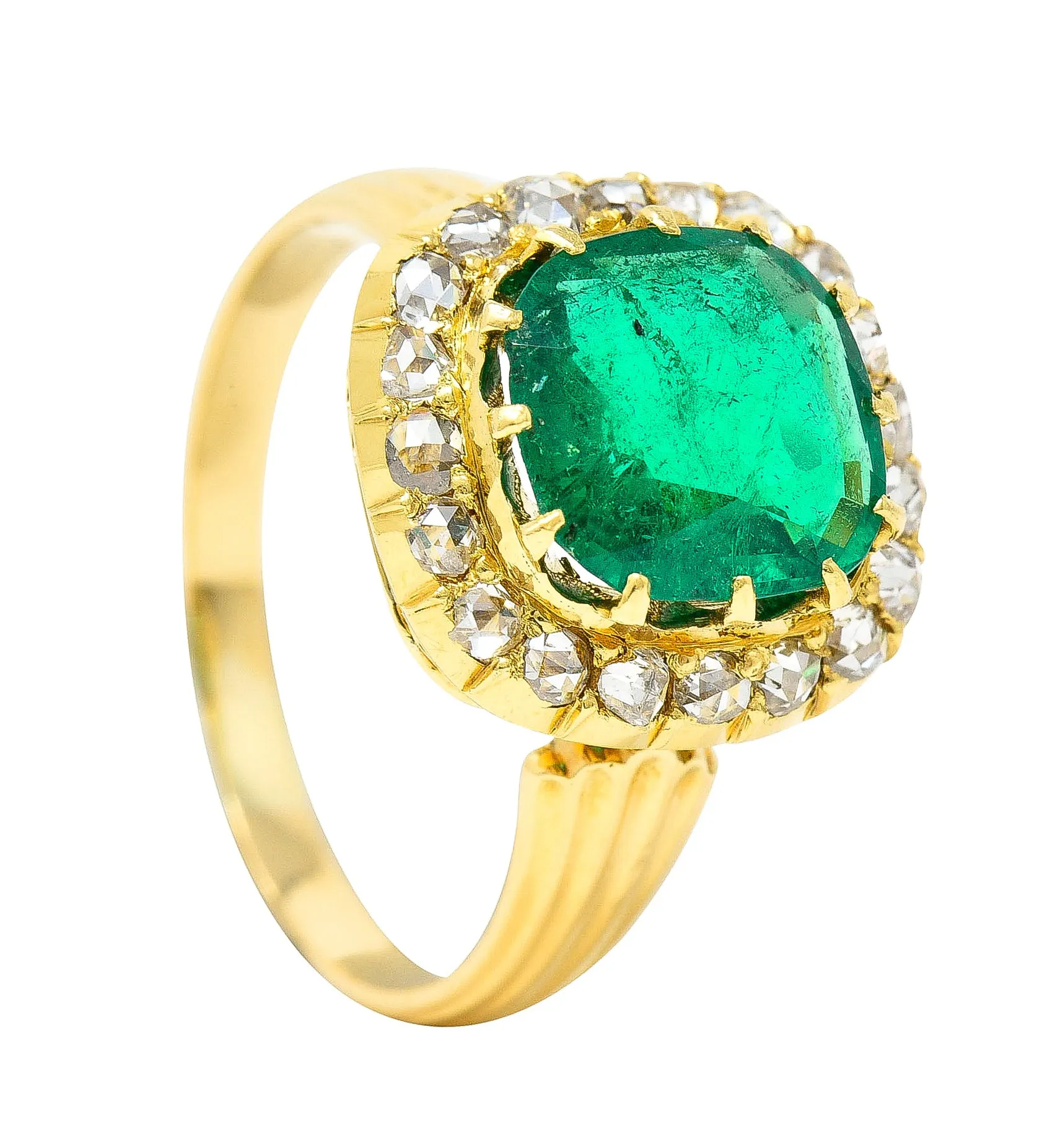 Victorian 2.78 CTW Cushion Cut Colombian Emerald Diamond 18 Karat Yellow Gold Antique Halo Ring AGL
