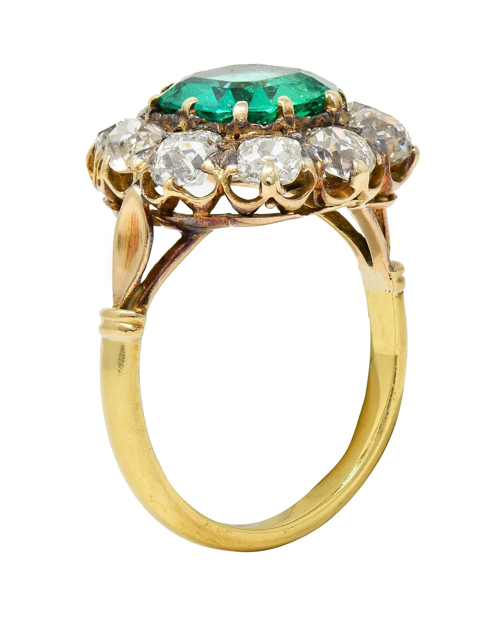 Victorian 4.28 CTW Colombian Emerald Diamond 14 Karat Yellow Gold Antique Halo Ring GIA