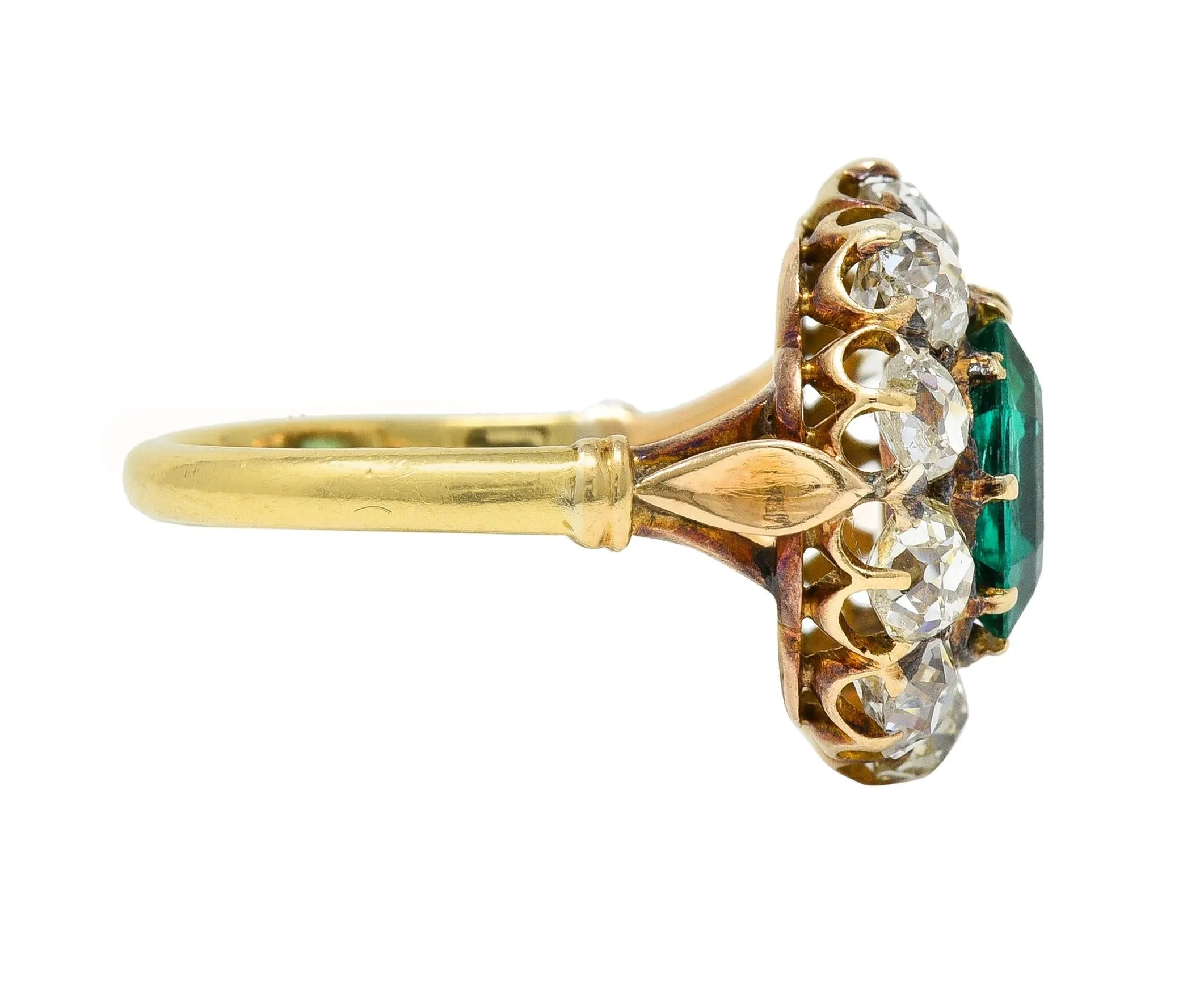 Victorian 4.28 CTW Colombian Emerald Diamond 14 Karat Yellow Gold Antique Halo Ring GIA