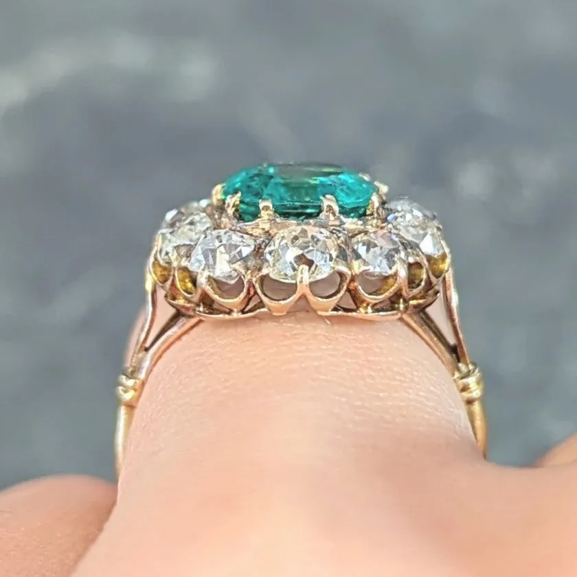 Victorian 4.28 CTW Colombian Emerald Diamond 14 Karat Yellow Gold Antique Halo Ring GIA