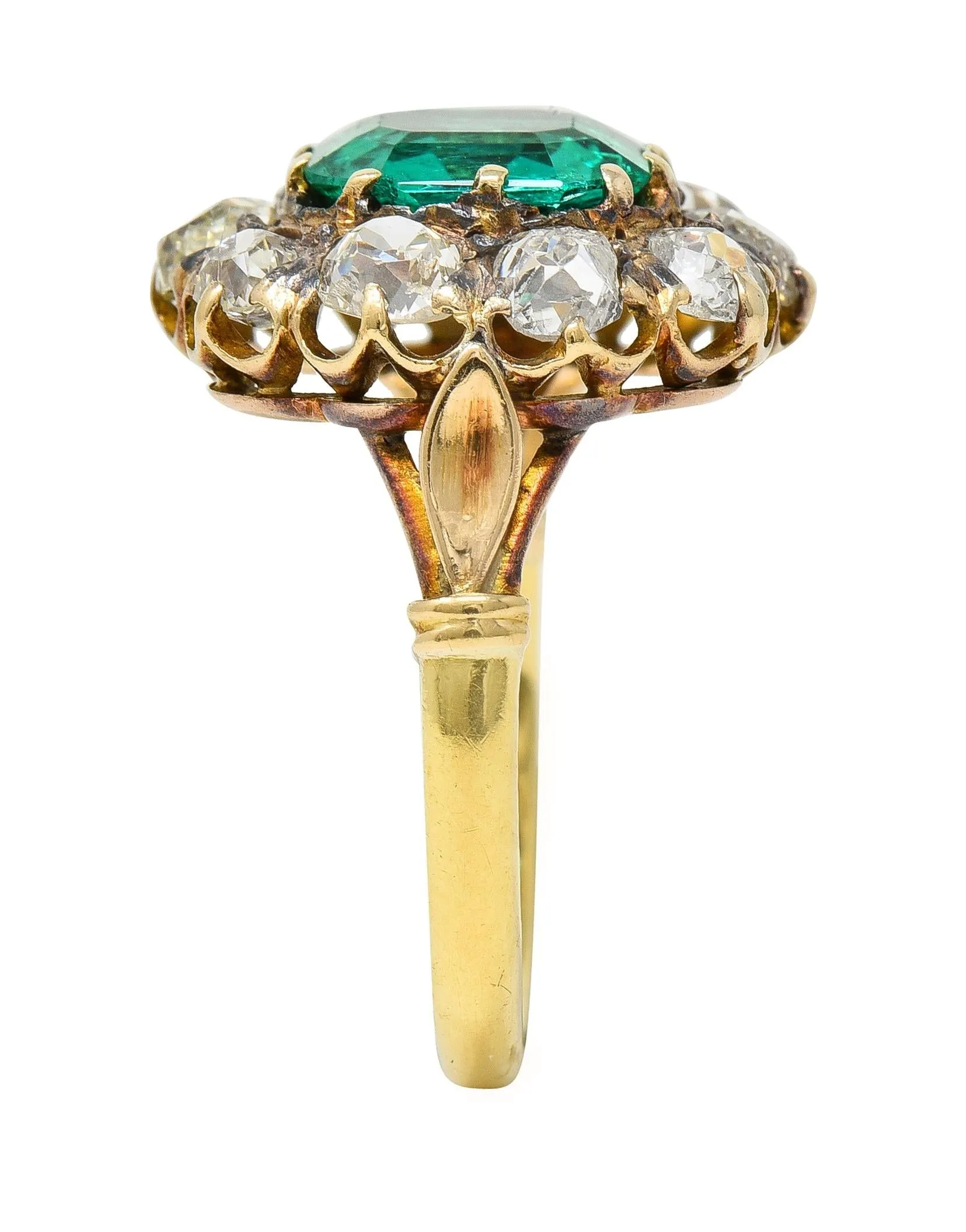 Victorian 4.28 CTW Colombian Emerald Diamond 14 Karat Yellow Gold Antique Halo Ring GIA