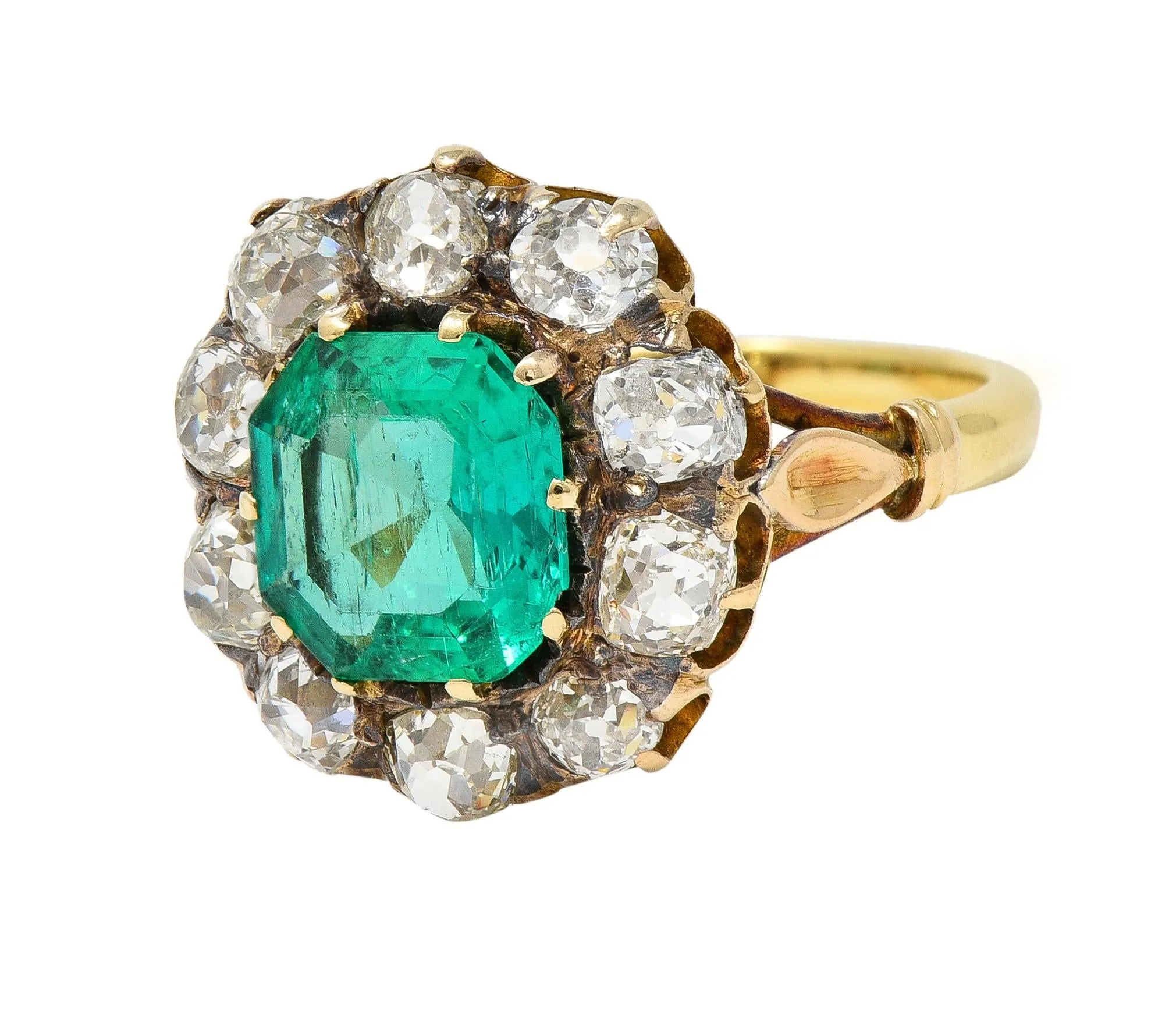 Victorian 4.28 CTW Colombian Emerald Diamond 14 Karat Yellow Gold Antique Halo Ring GIA