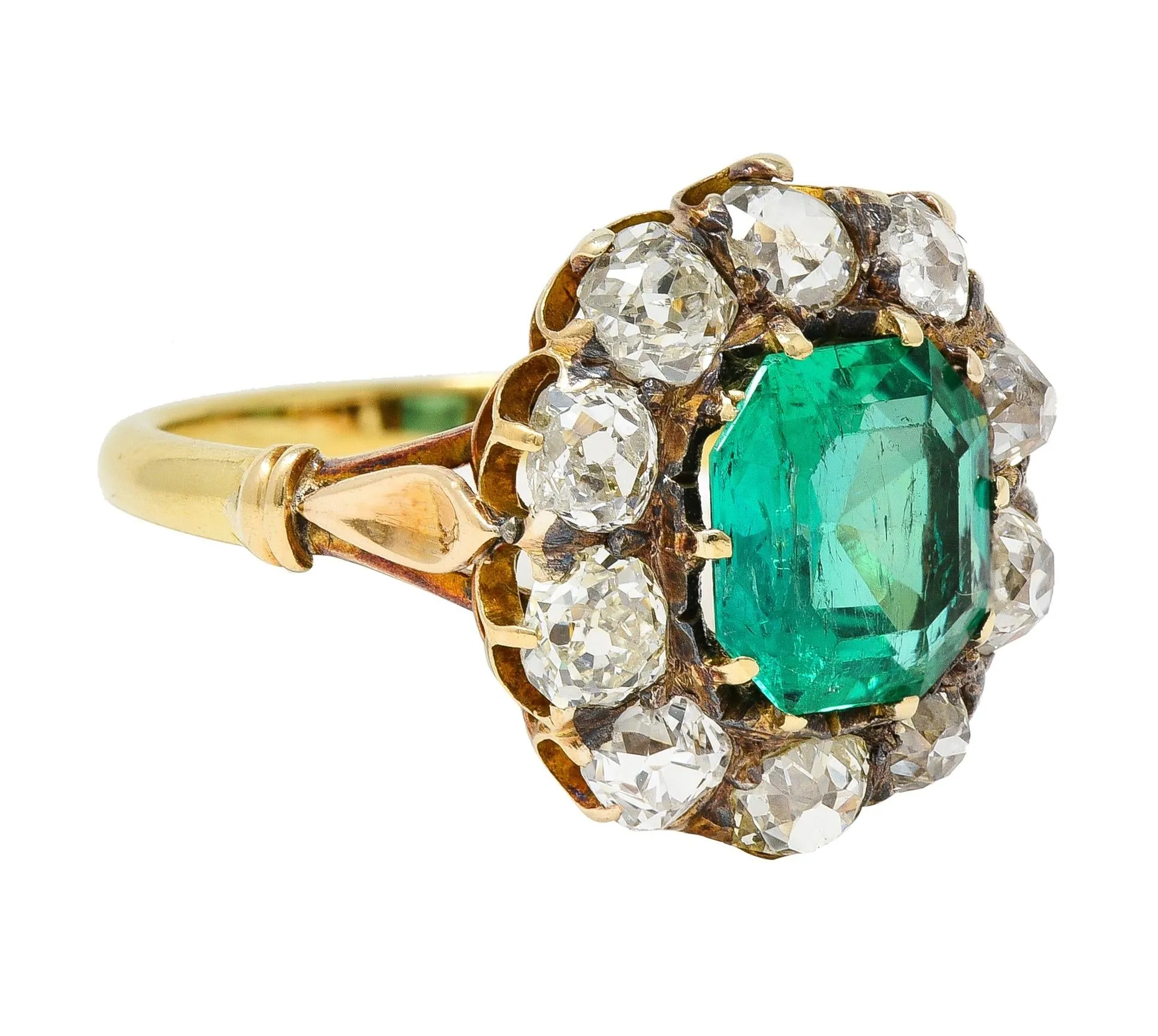 Victorian 4.28 CTW Colombian Emerald Diamond 14 Karat Yellow Gold Antique Halo Ring GIA