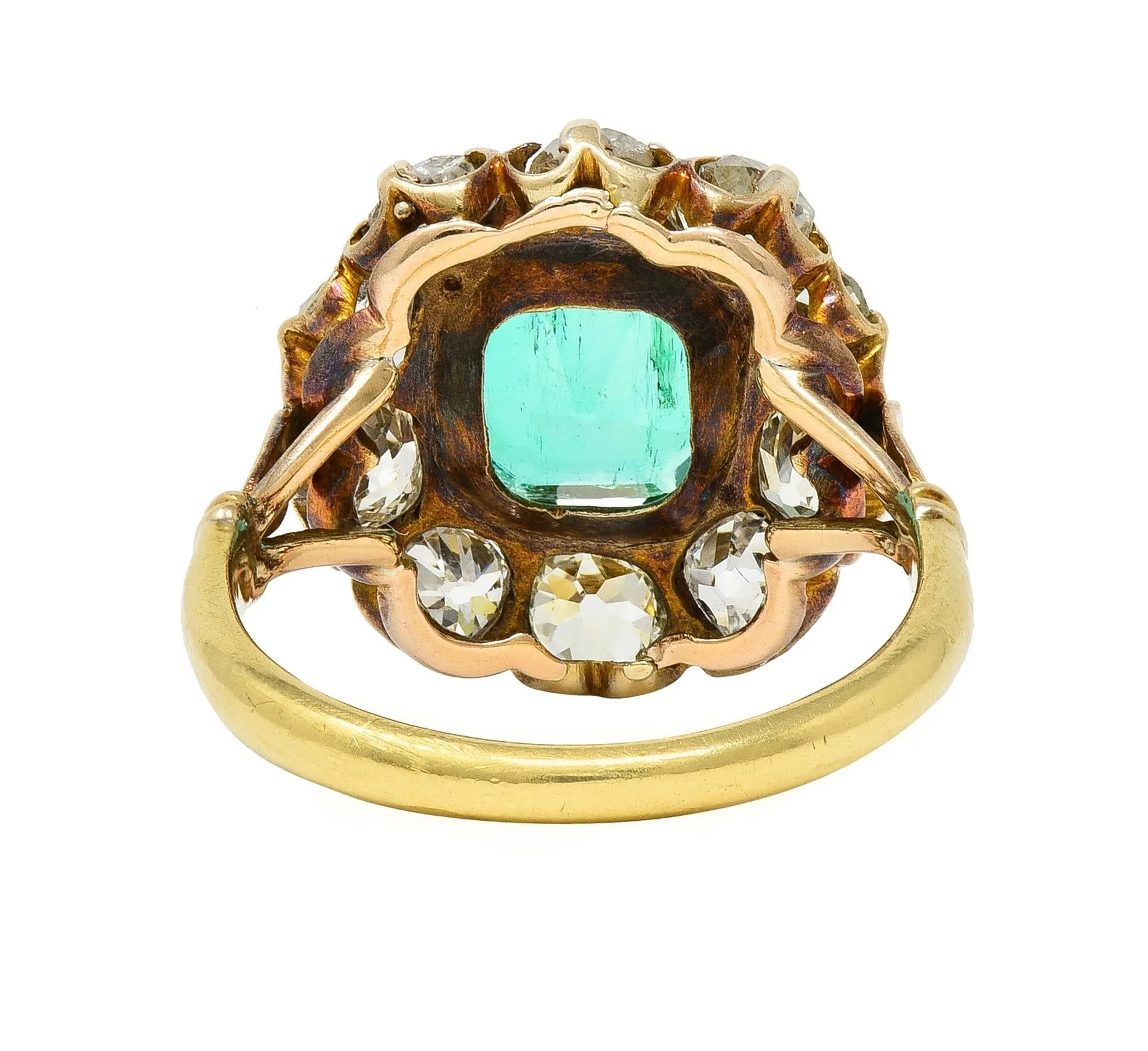 Victorian 4.28 CTW Colombian Emerald Diamond 14 Karat Yellow Gold Antique Halo Ring GIA