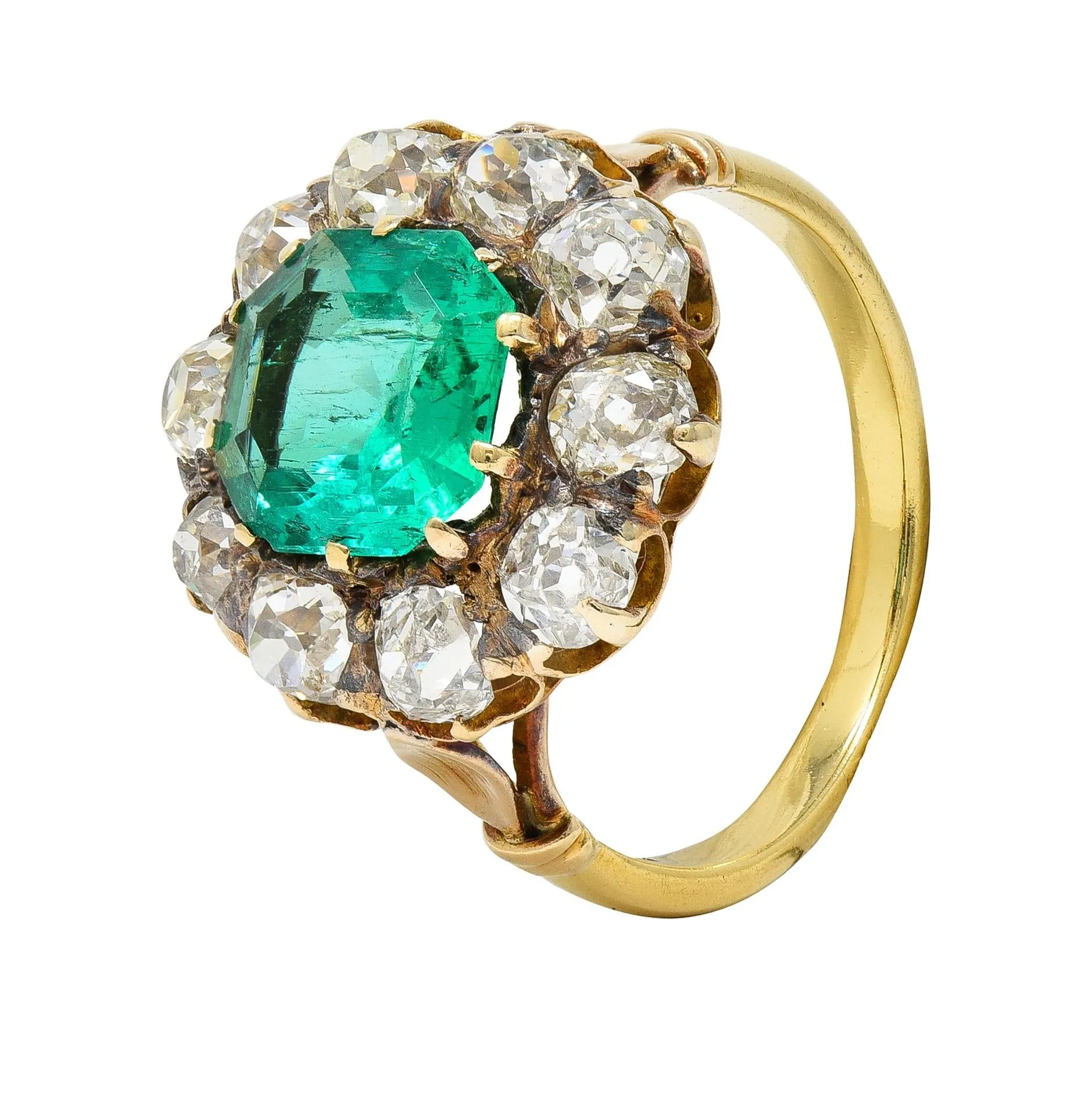 Victorian 4.28 CTW Colombian Emerald Diamond 14 Karat Yellow Gold Antique Halo Ring GIA
