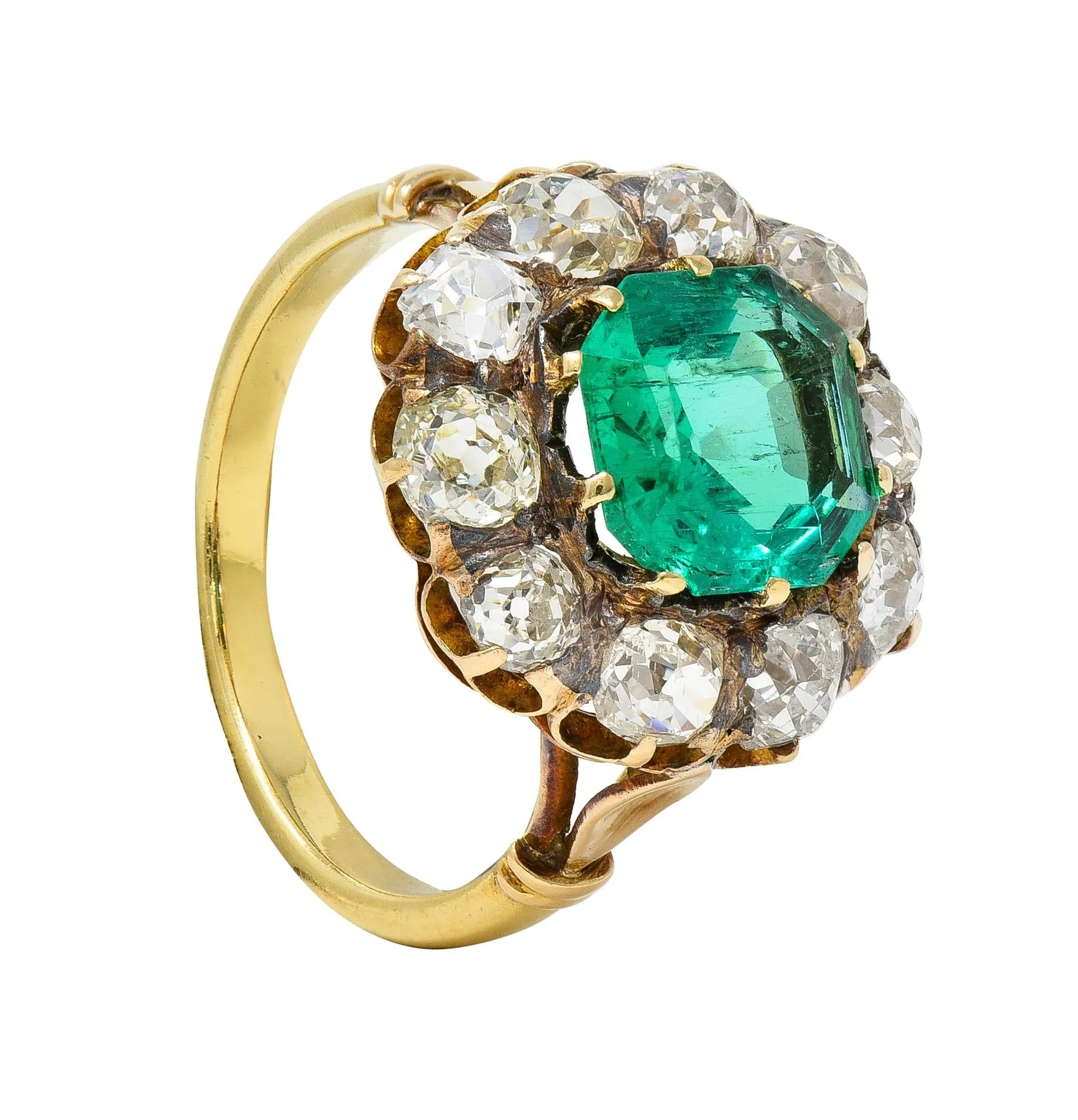 Victorian 4.28 CTW Colombian Emerald Diamond 14 Karat Yellow Gold Antique Halo Ring GIA