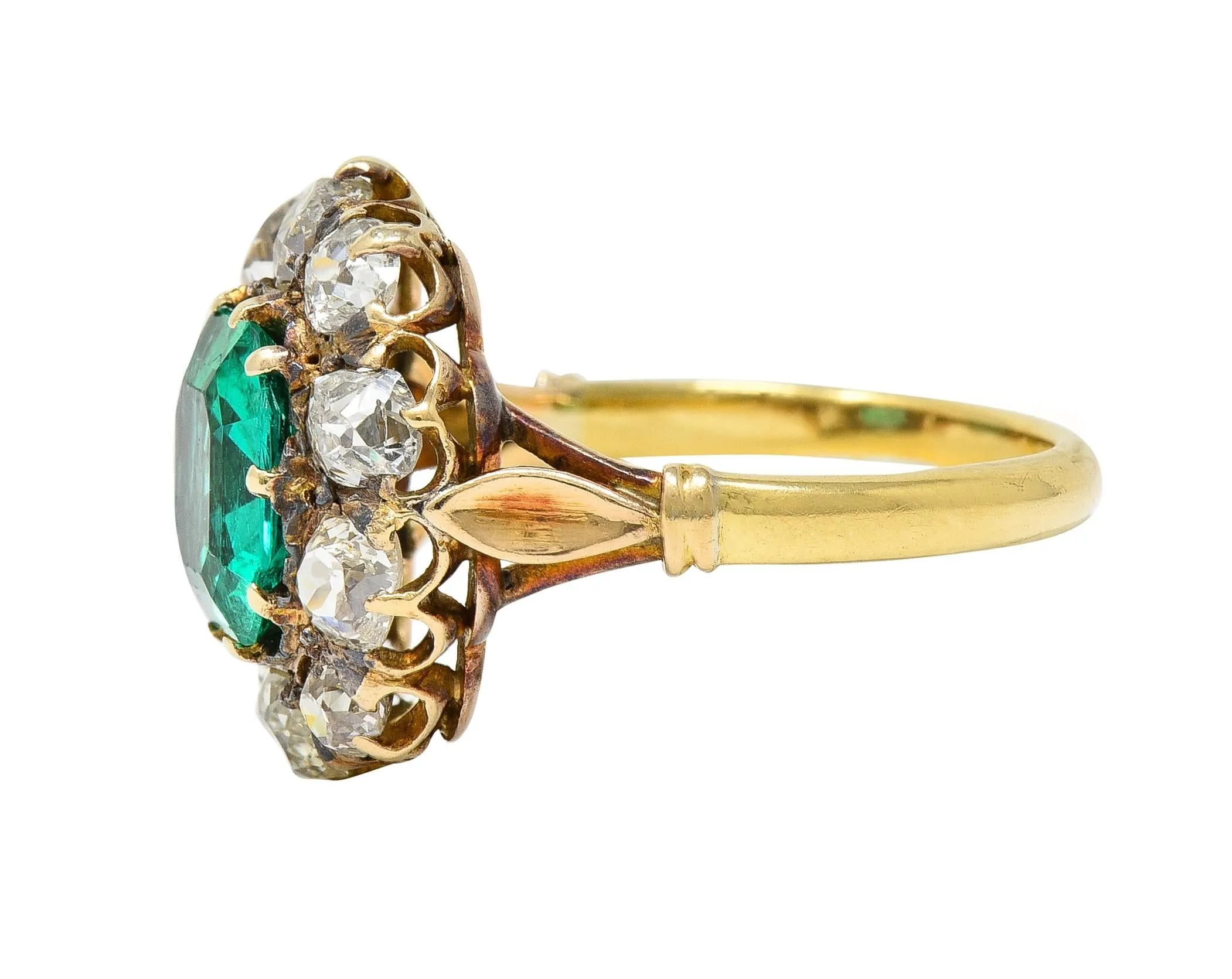 Victorian 4.28 CTW Colombian Emerald Diamond 14 Karat Yellow Gold Antique Halo Ring GIA
