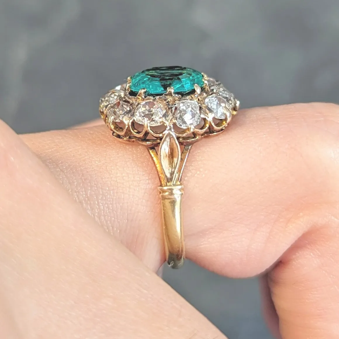 Victorian 4.28 CTW Colombian Emerald Diamond 14 Karat Yellow Gold Antique Halo Ring GIA