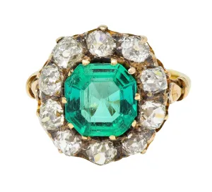 Victorian 4.28 CTW Colombian Emerald Diamond 14 Karat Yellow Gold Antique Halo Ring GIA