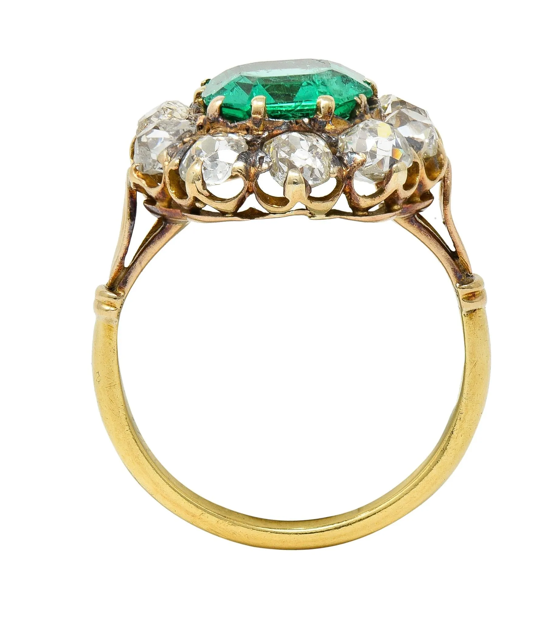 Victorian 4.28 CTW Colombian Emerald Diamond 14 Karat Yellow Gold Antique Halo Ring GIA