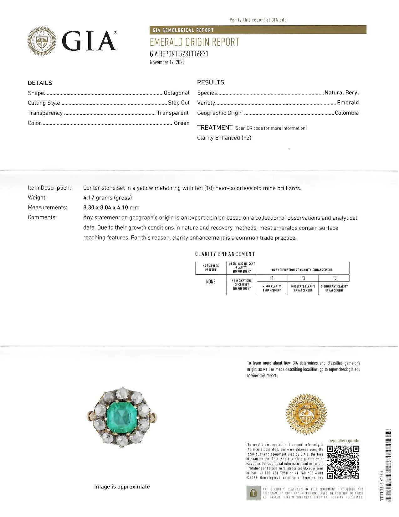 Victorian 4.28 CTW Colombian Emerald Diamond 14 Karat Yellow Gold Antique Halo Ring GIA