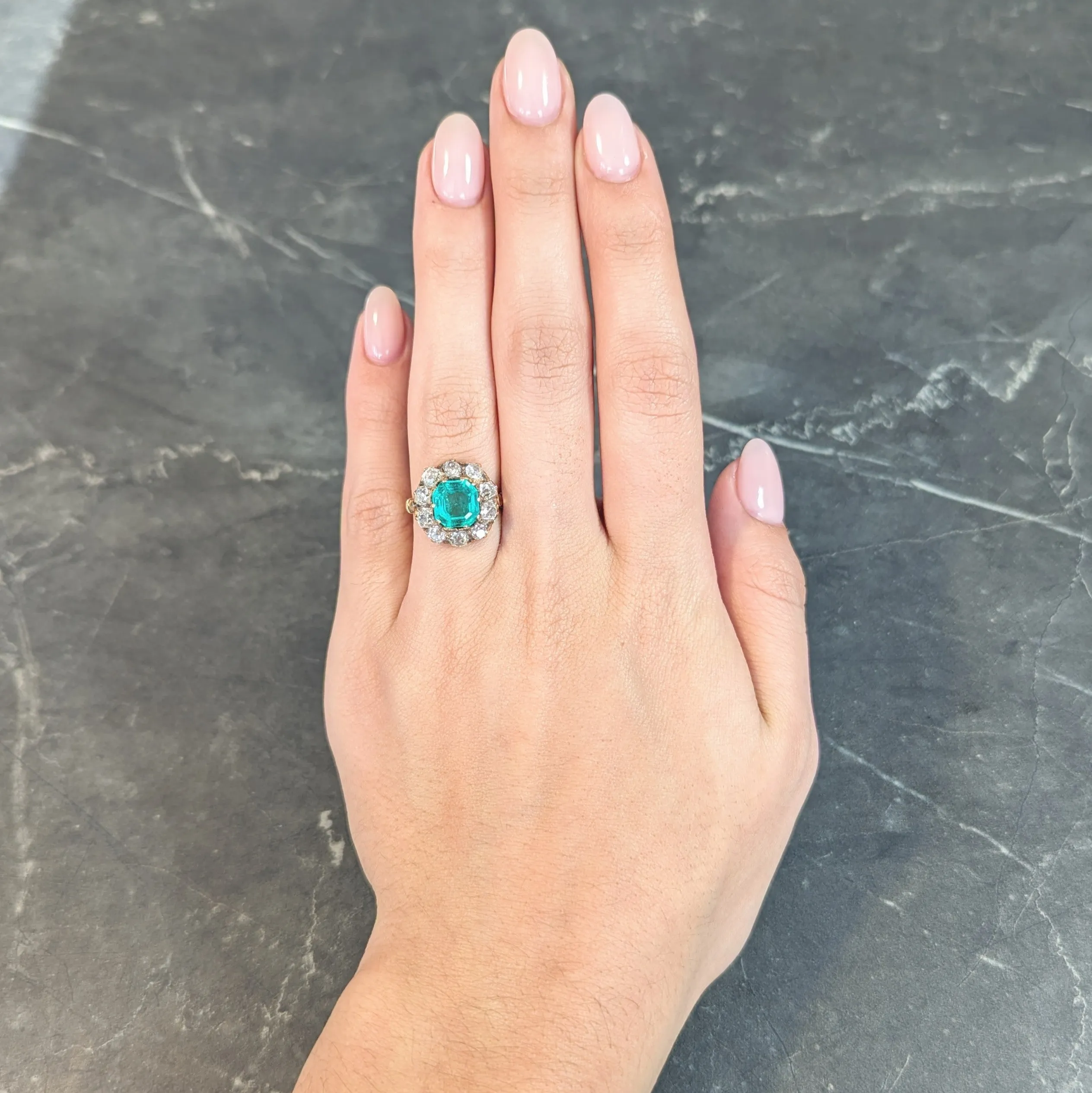 Victorian 4.28 CTW Colombian Emerald Diamond 14 Karat Yellow Gold Antique Halo Ring GIA